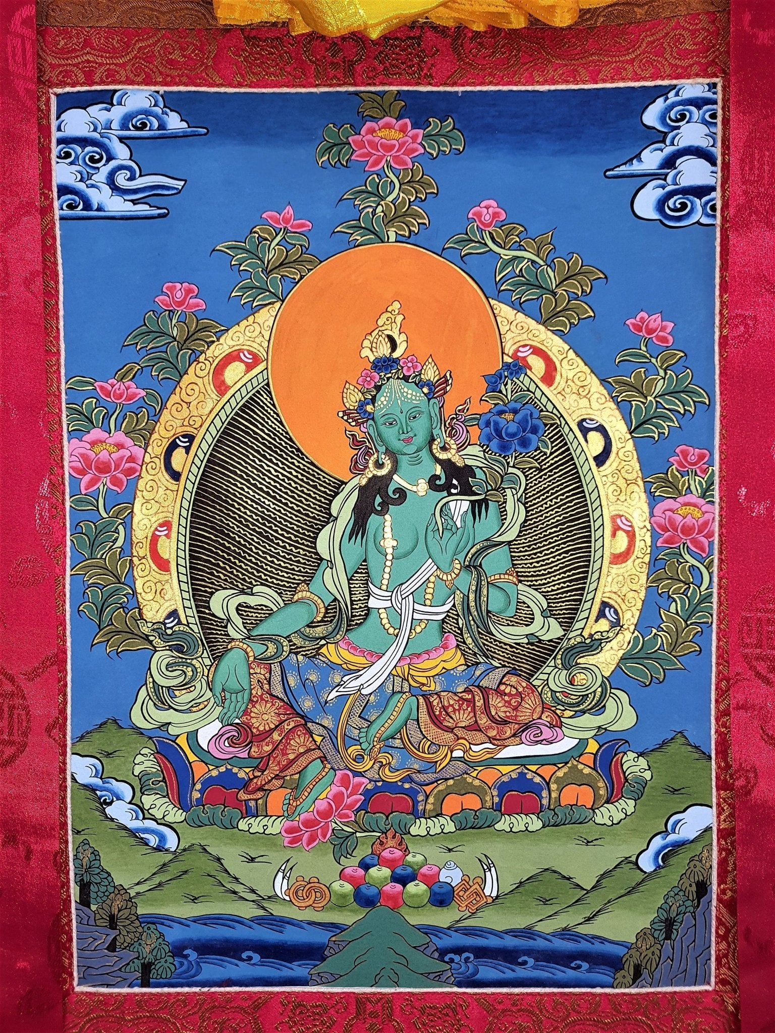 Original Hand - painted, Green Tara, Shyamatara Tibetan Thangka Painting with High - Quality Silk Brocade - Tibetan Thangka Art