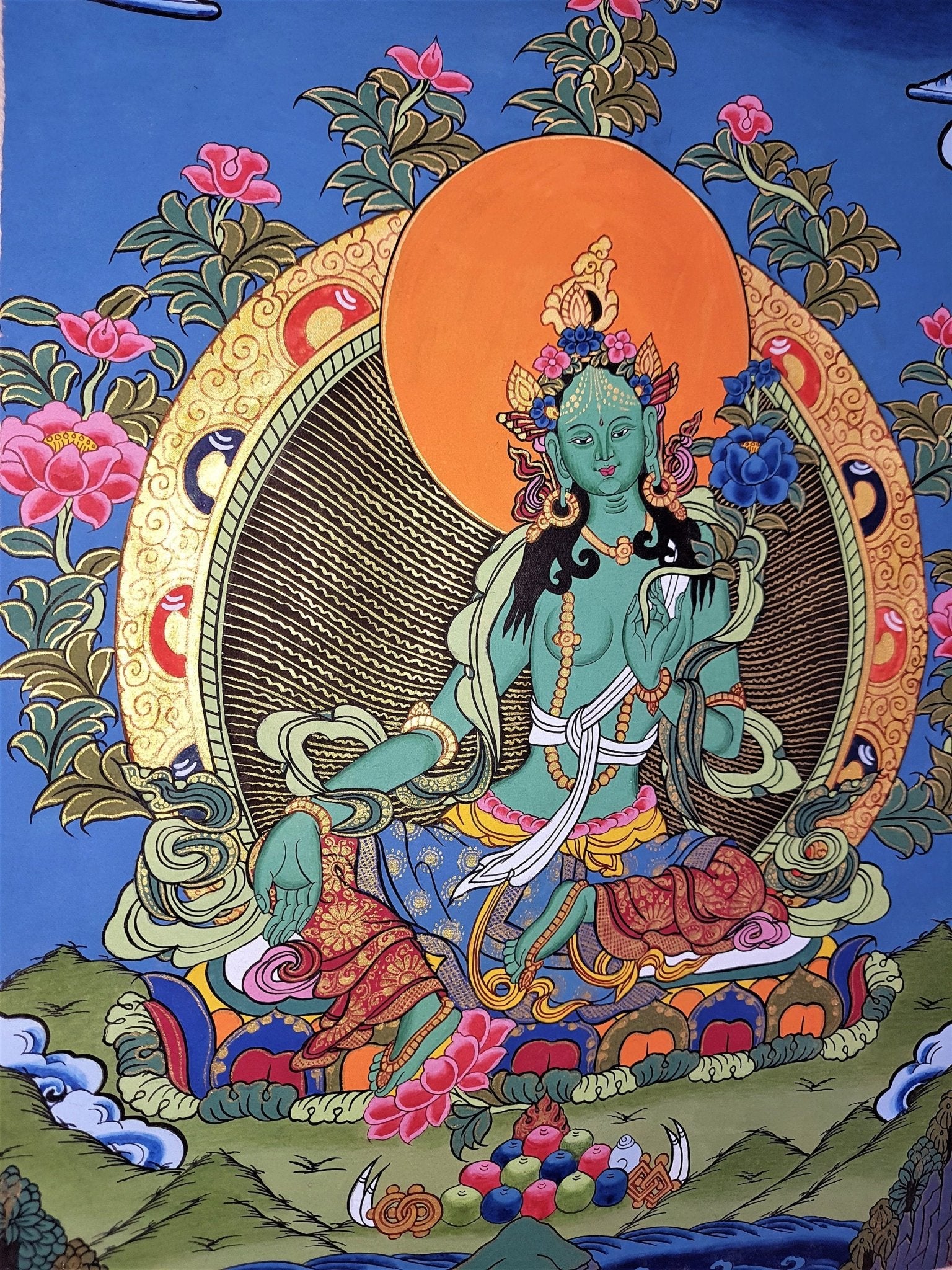 Original Hand - painted, Green Tara, Shyamatara Tibetan Thangka Painting with High - Quality Silk Brocade - Tibetan Thangka Art
