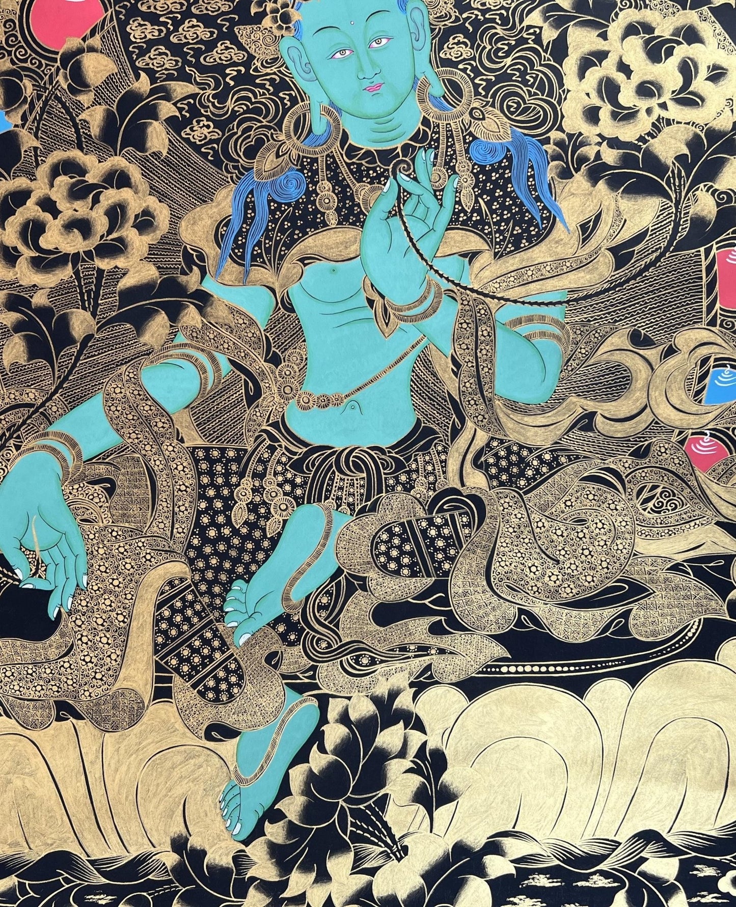 Original Hand - painted Green Tara/Shyamatara Black and Gold Large Masterpiece Tibetan Thangka Painting - Tibetan Thangka Art