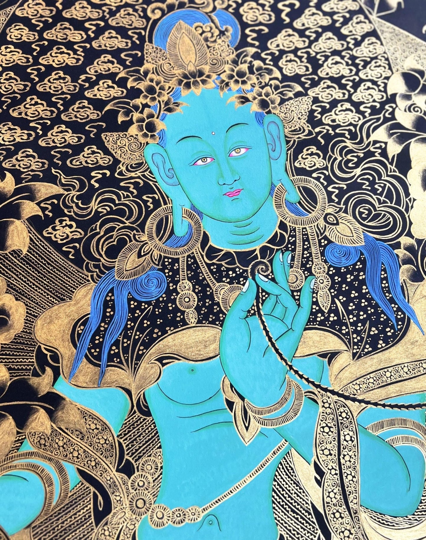 Original Hand - painted Green Tara/Shyamatara Black and Gold Large Masterpiece Tibetan Thangka Painting - Tibetan Thangka Art