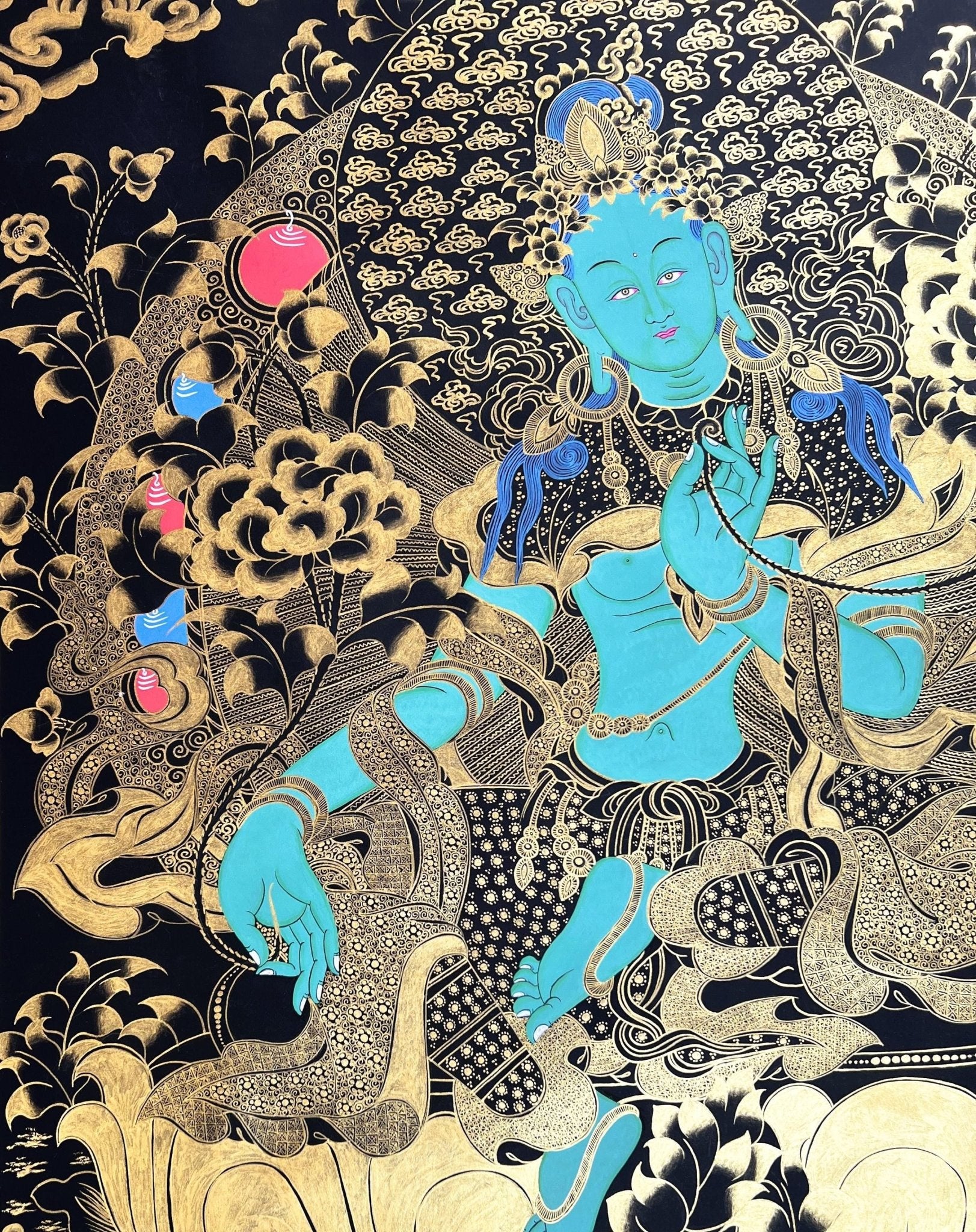 Original Hand - painted Green Tara/Shyamatara Black and Gold Large Masterpiece Tibetan Thangka Painting - Tibetan Thangka Art