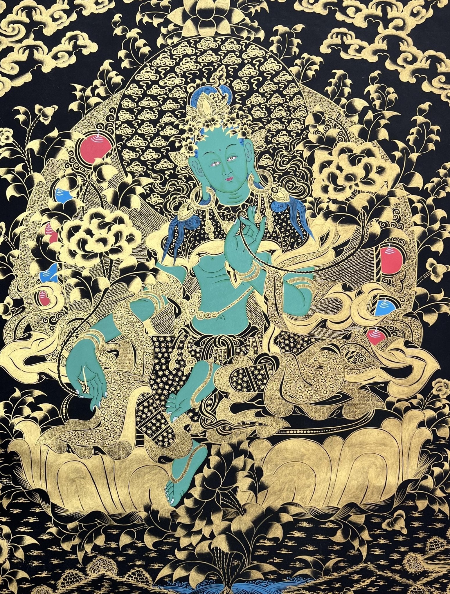 Original Hand - painted Green Tara/Shyamatara Black and Gold Large Masterpiece Tibetan Thangka Painting - Tibetan Thangka Art
