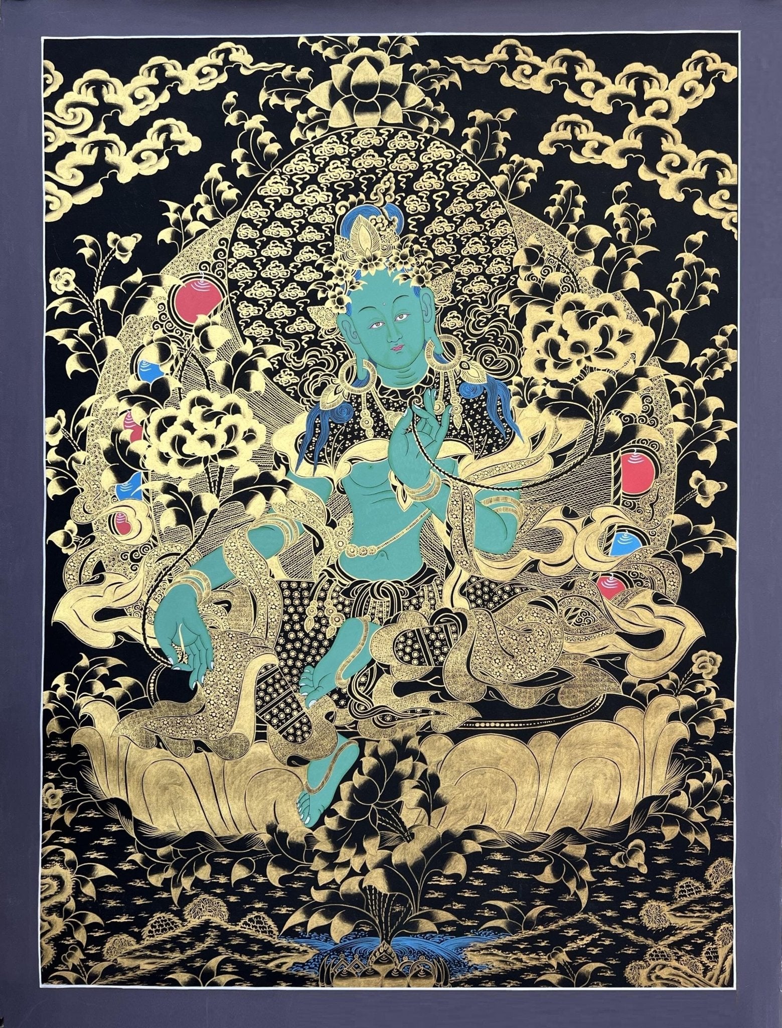 Original Hand - painted Green Tara/Shyamatara Black and Gold Large Masterpiece Tibetan Thangka Painting - Tibetan Thangka Art