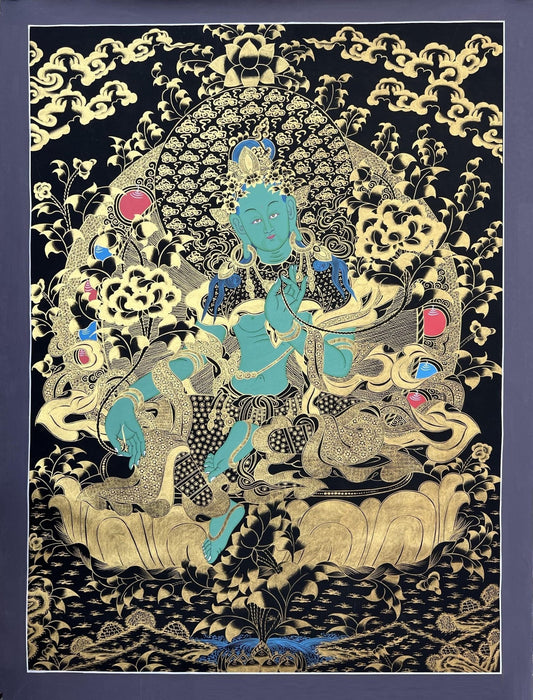 Original Hand - painted Green Tara/Shyamatara Black and Gold Large Masterpiece Tibetan Thangka Painting - Tibetan Thangka Art