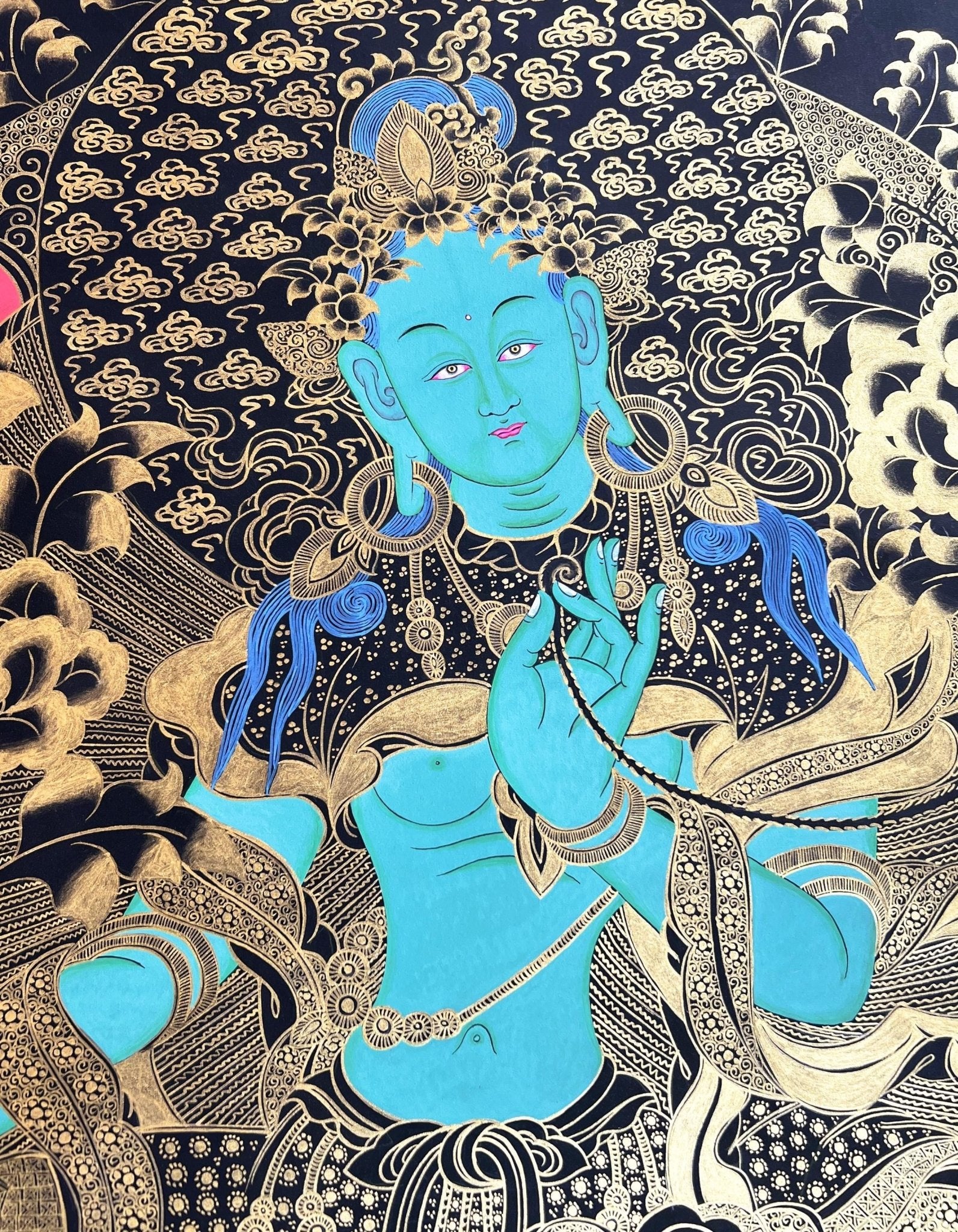Original Hand - painted Green Tara/Shyamatara Black and Gold Large Masterpiece Tibetan Thangka Painting - Tibetan Thangka Art