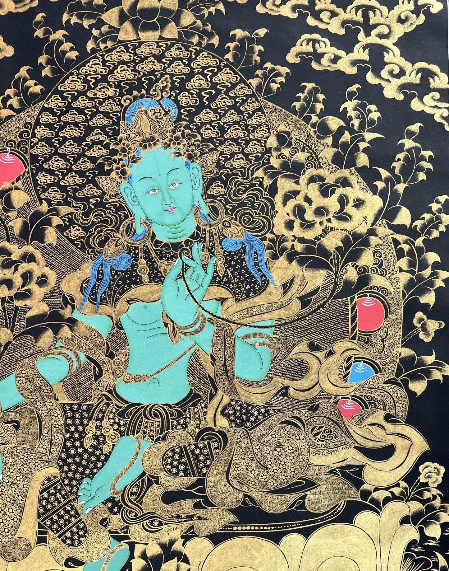 Original Hand - painted Green Tara/Shyamatara Black and Gold Large Masterpiece Tibetan Thangka Painting - Tibetan Thangka Art