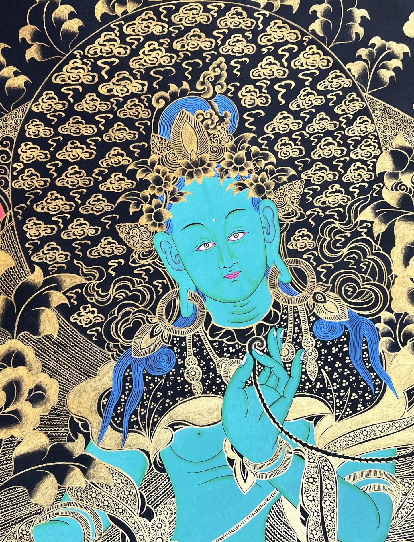 Original Hand - painted Green Tara/Shyamatara Black and Gold Large Masterpiece Tibetan Thangka Painting - Tibetan Thangka Art