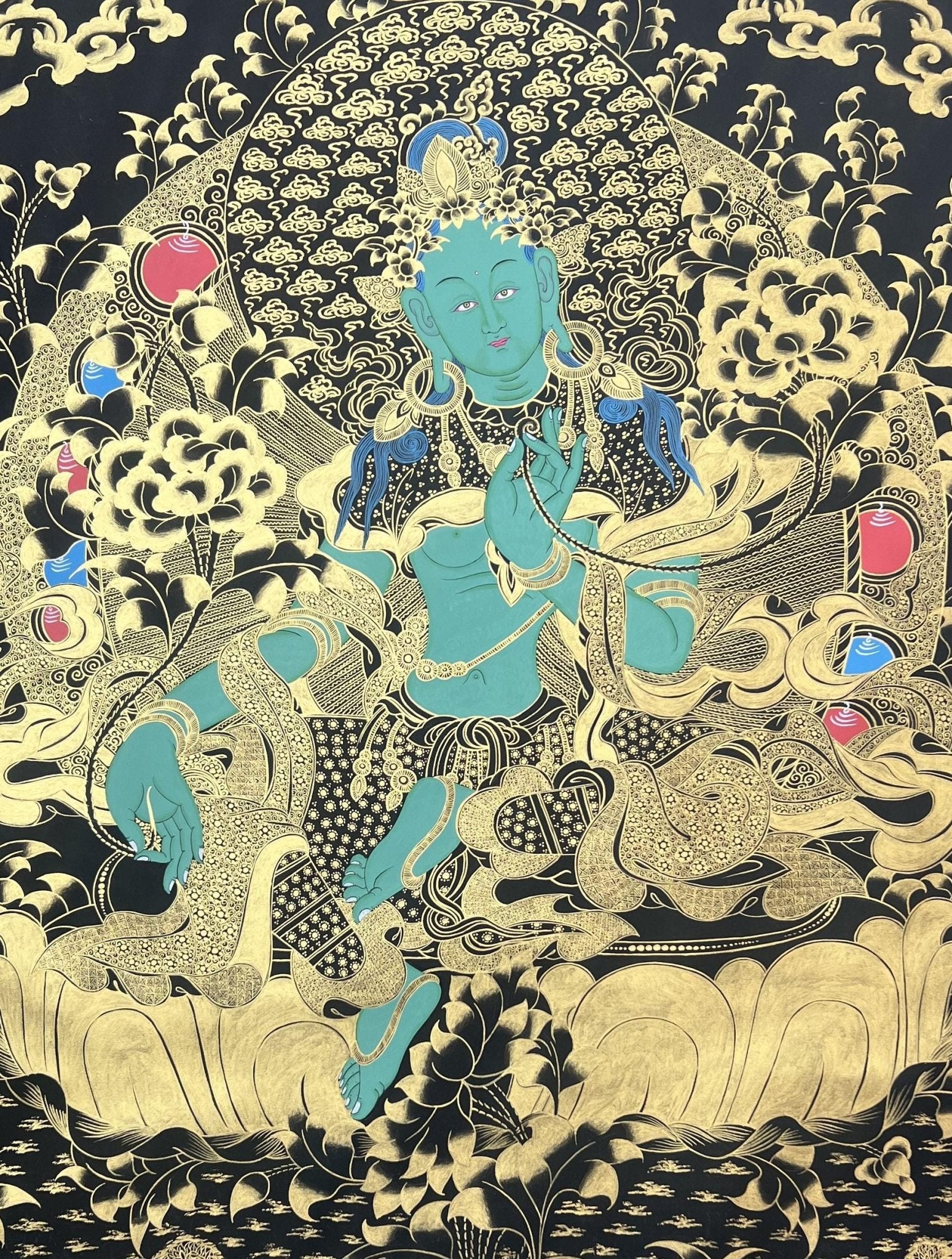 Original Hand - painted Green Tara/Shyamatara Black and Gold Large Masterpiece Tibetan Thangka Painting - Tibetan Thangka Art