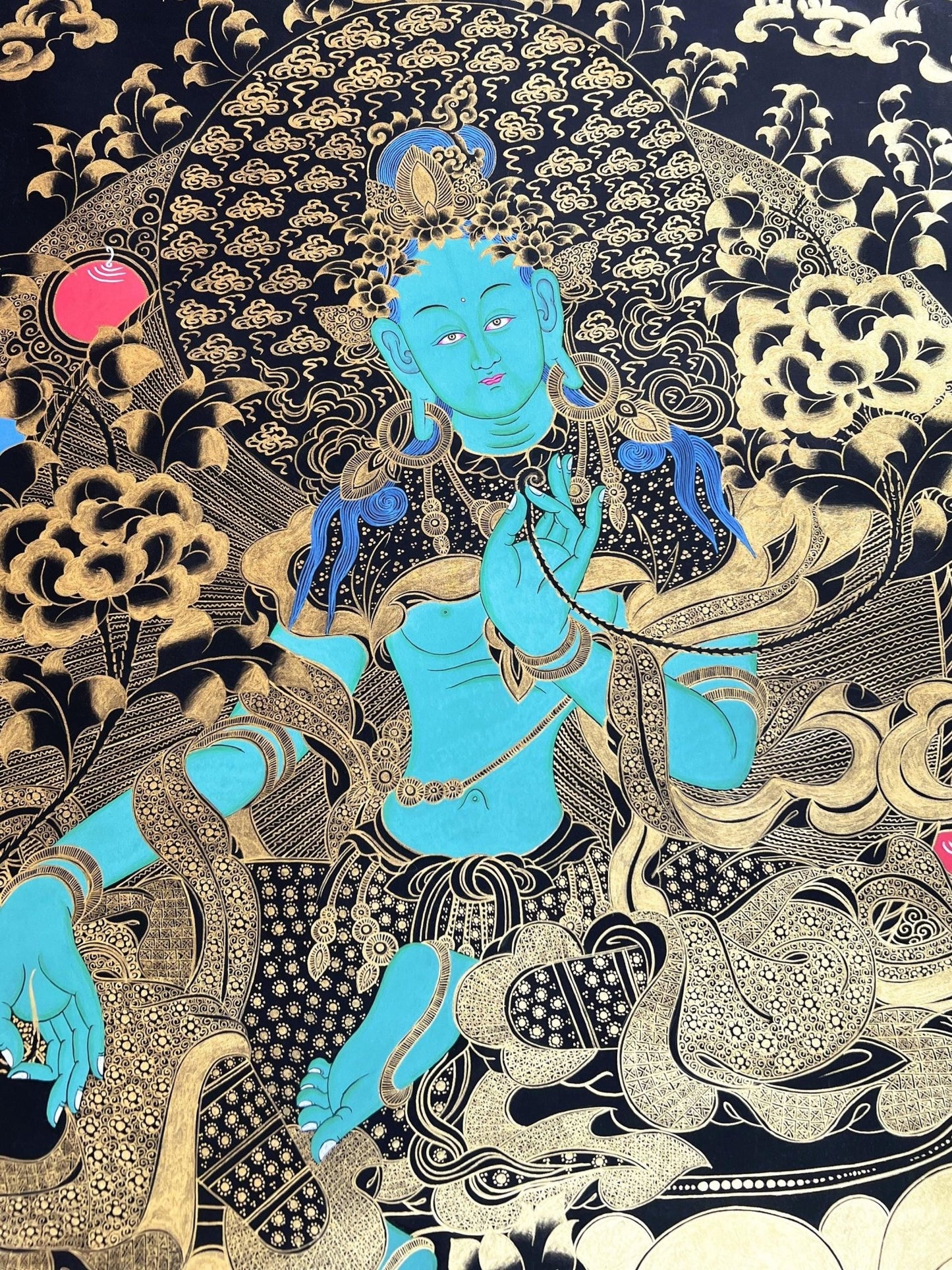 Original Hand - painted Green Tara/Shyamatara Black and Gold Large Masterpiece Tibetan Thangka Painting - Tibetan Thangka Art