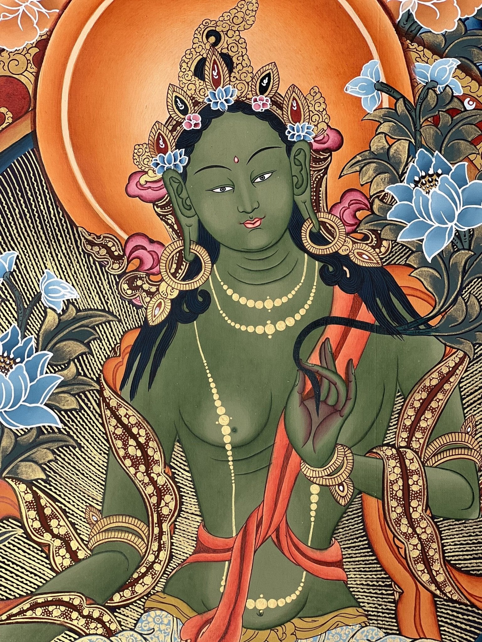 Original Hand painted GreenTara Mother Goddess Masterpiece Large Tibetan Thangka /Thangka Painting/ Compassion Meditation Art from Nepal - Tibetan Thangka Art
