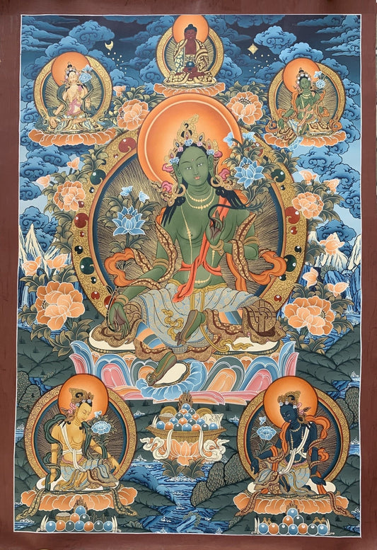 Original Hand painted GreenTara Mother Goddess Masterpiece Large Tibetan Thangka /Thangka Painting/ Compassion Meditation Art from Nepal - Tibetan Thangka Art