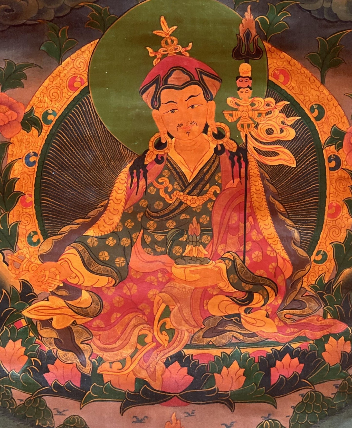 Original Hand - painted Guru Rinpoche/ PADMASAMBHAVA Precious Master Old Oil Varnished Tibetan Thangka Painting with High - Quality Cotton Frame - Tibetan Thangka Art