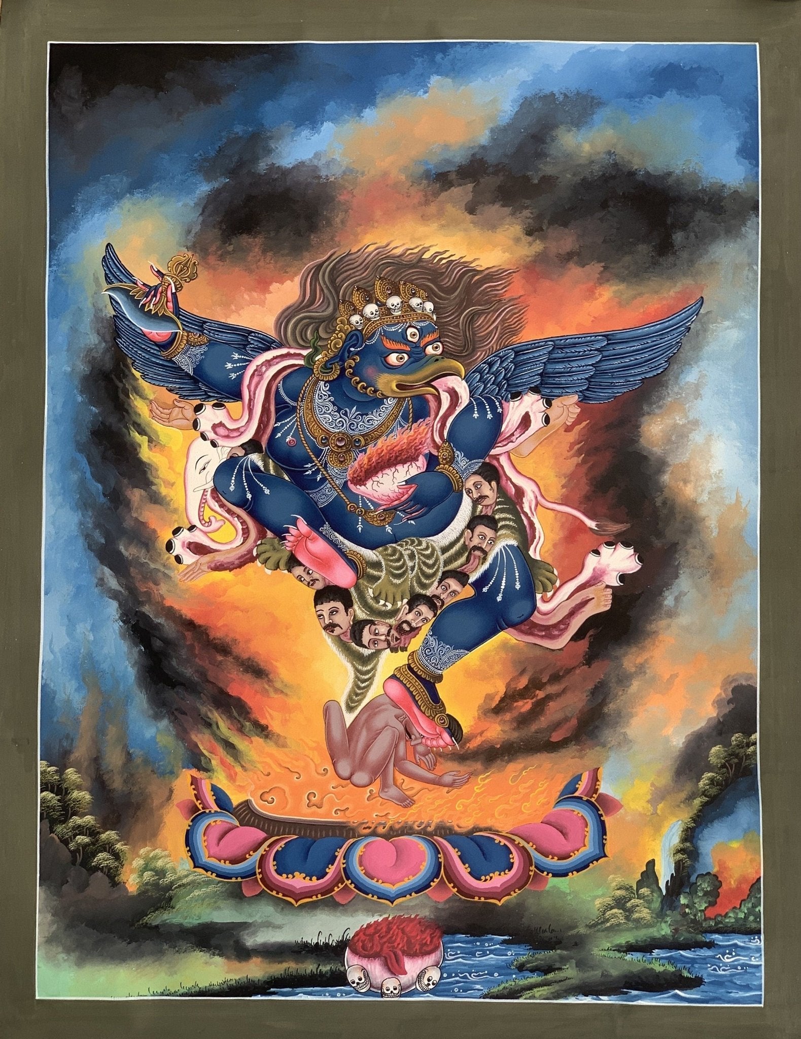 Original Hand Painted Hindu Demigod Garuda/ Eagle Celestial Deva Man with Wings Protector Rare Masterpiece Newari Thangka/Paubha Painting - Tibetan Thangka Art