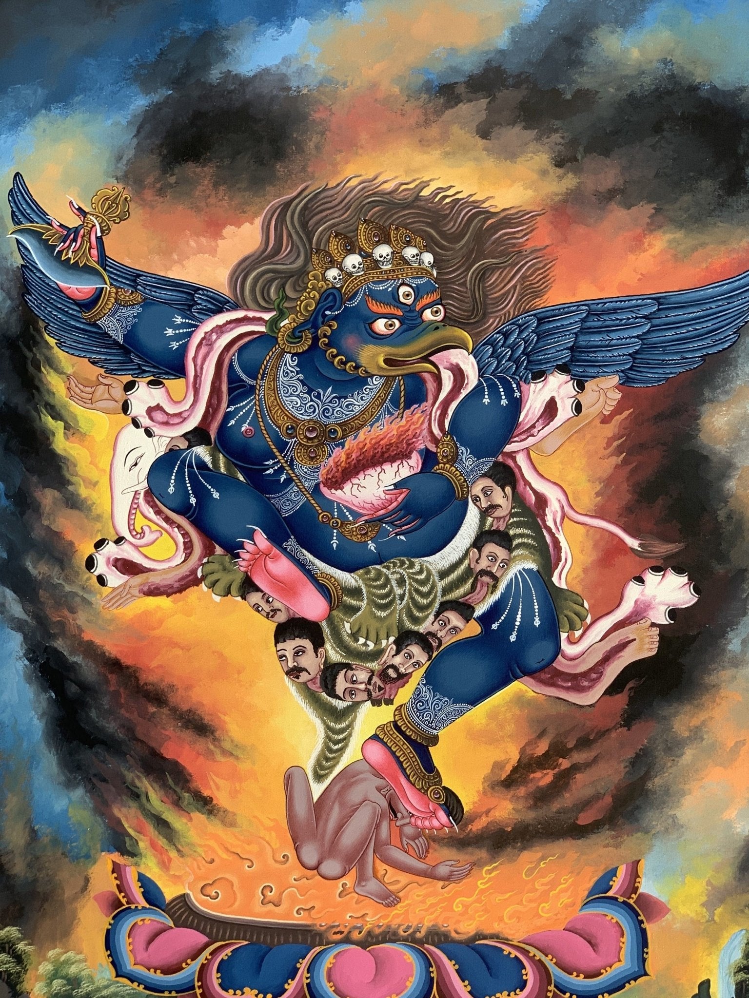 Original Hand Painted Hindu Demigod Garuda/ Eagle Celestial Deva Man with Wings Protector Rare Masterpiece Newari Thangka/Paubha Painting - Tibetan Thangka Art