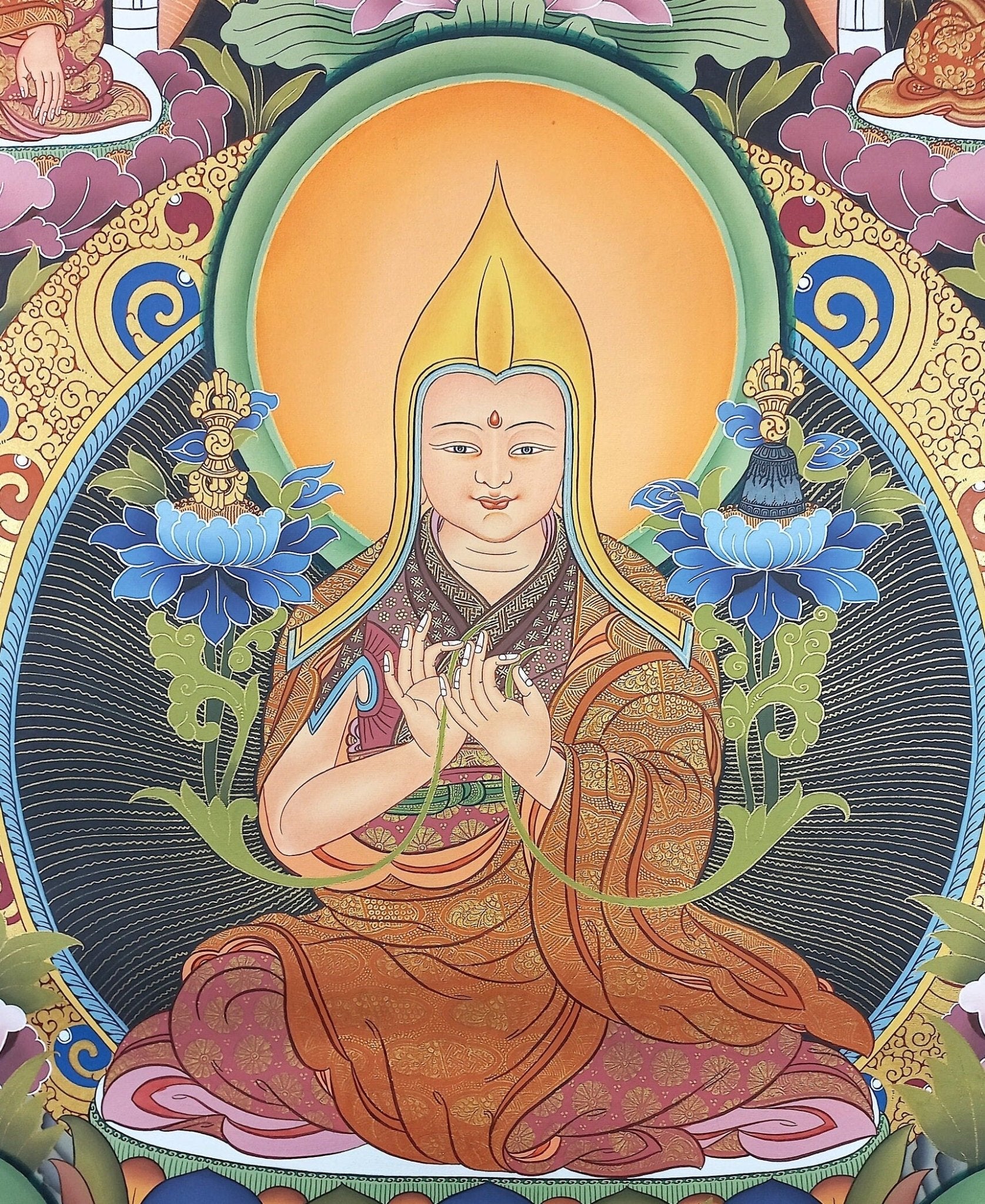Original Hand - Painted Je Tsongkhapa/ Tsongkhapa/ Chongapa/ Large Masterpiece Gold Tibetan Thangka Painting from Nepal - Tibetan Thangka Art