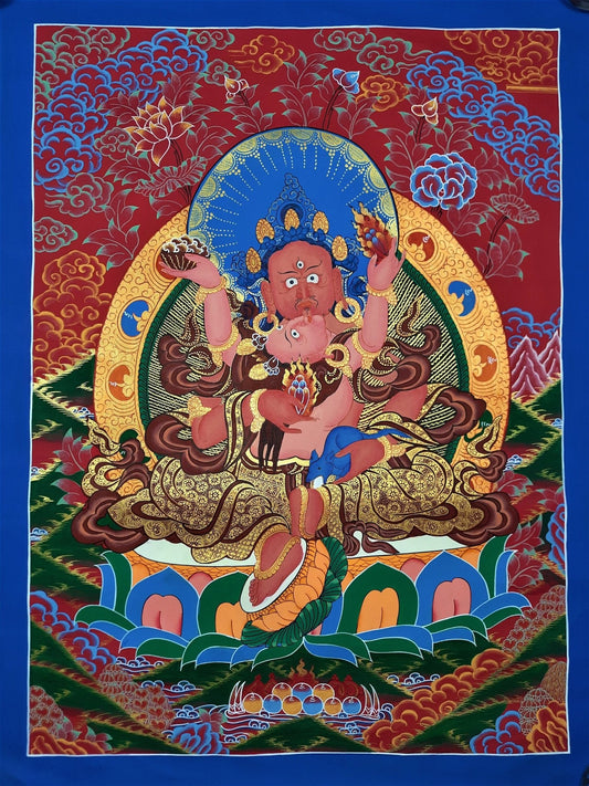Original Hand Painted Kubera Shakti Jambhala SHAKTI / God Of Wealth Masterpiece Tibetan Compassion / Meditation Thangka / Thanka Painting - Tibetan Thangka Art