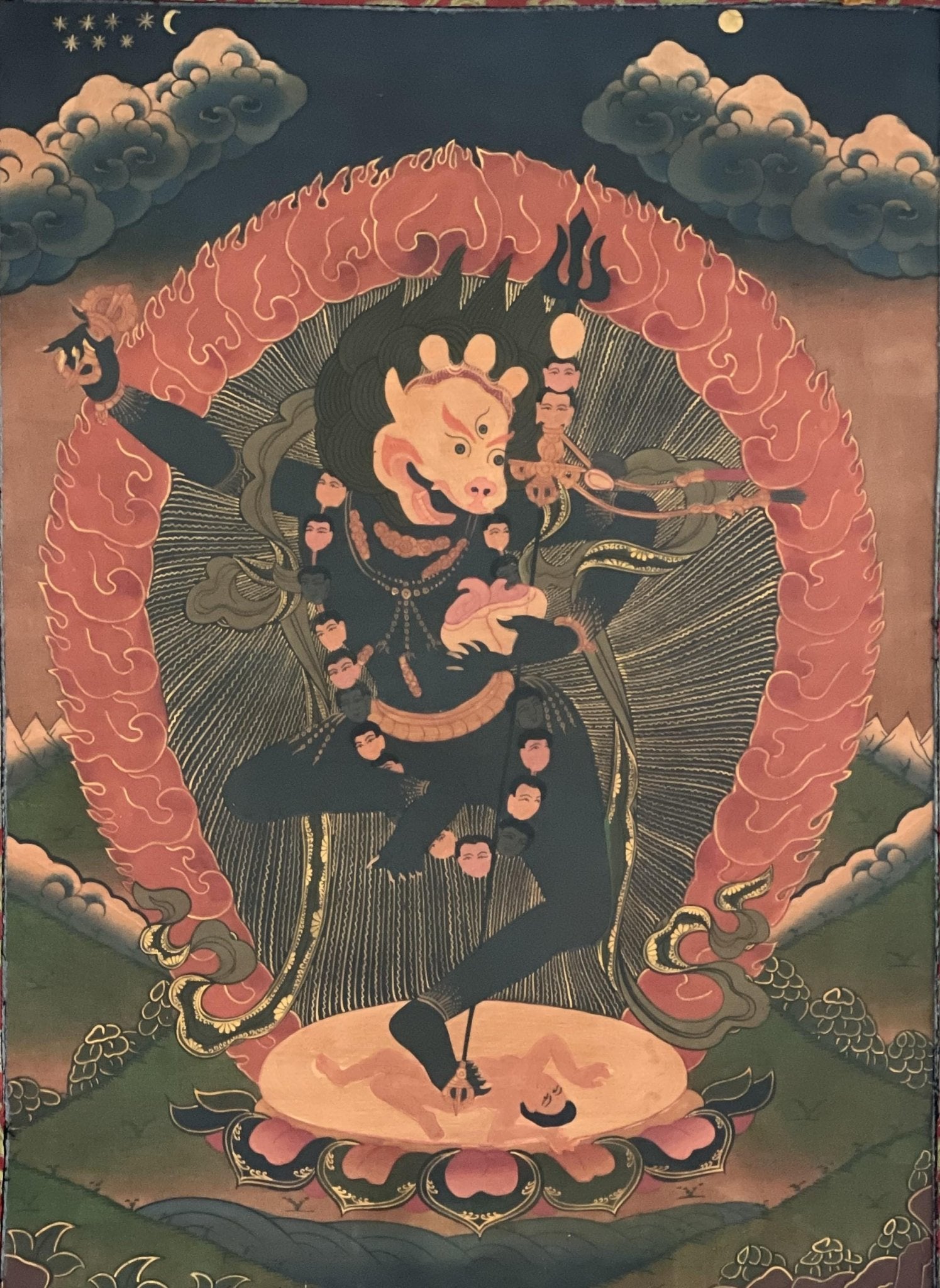 Original Hand Painted Lion Face Dakini / Simhamukhi Jogini / Yogini Tibetan Meditation OLD OIL - VARNISHED Thangka Painting with Silk Brocade - Tibetan Thangka Art