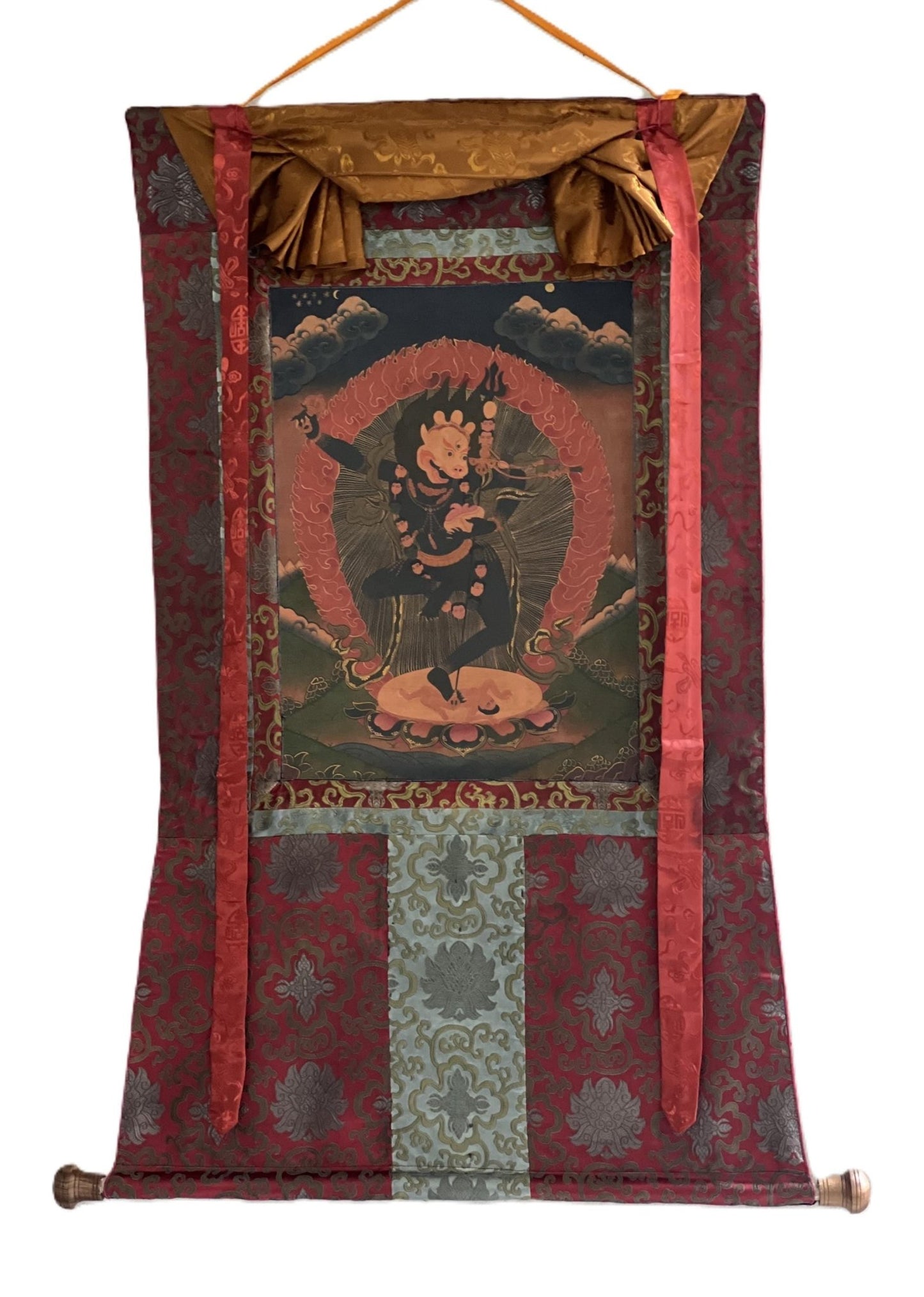 Original Hand Painted Lion Face Dakini / Simhamukhi Jogini / Yogini Tibetan Meditation OLD OIL - VARNISHED Thangka Painting with Silk Brocade - Tibetan Thangka Art