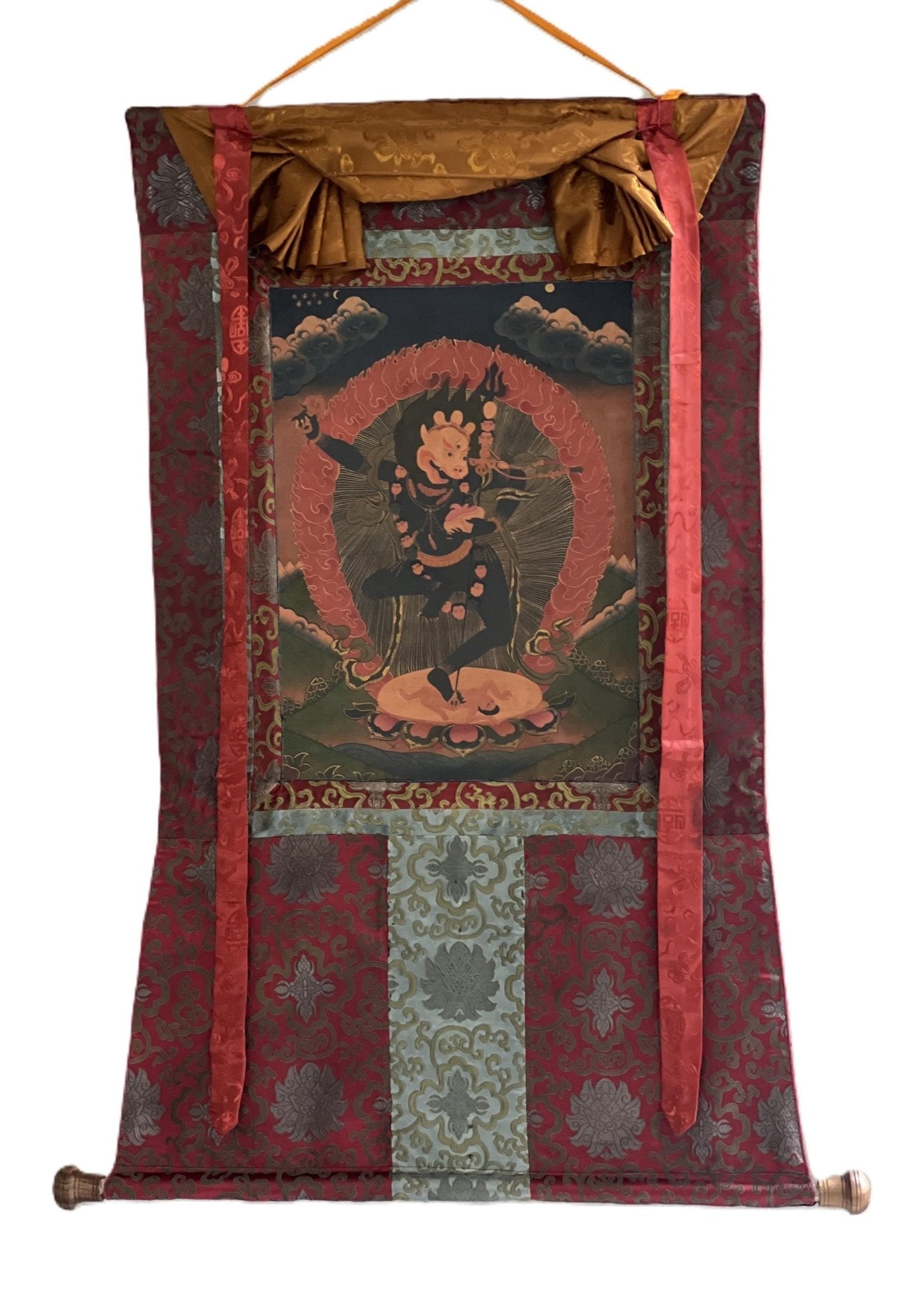 Original Hand Painted Lion Face Dakini / Simhamukhi Jogini / Yogini Tibetan Meditation OLD OIL - VARNISHED Thangka Painting with Silk Brocade - Tibetan Thangka Art