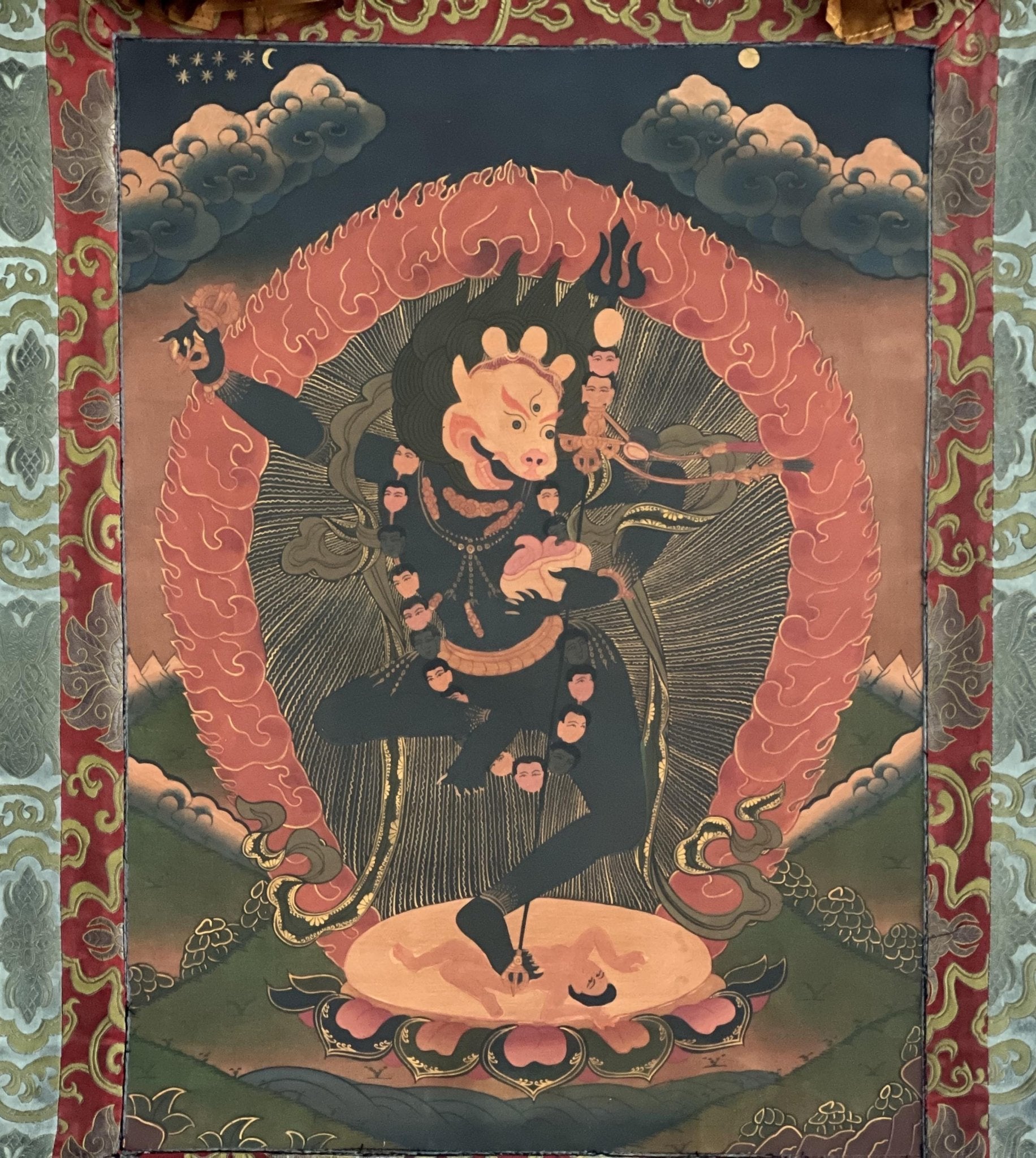 Original Hand Painted Lion Face Dakini / Simhamukhi Jogini / Yogini Tibetan Meditation OLD OIL - VARNISHED Thangka Painting with Silk Brocade - Tibetan Thangka Art