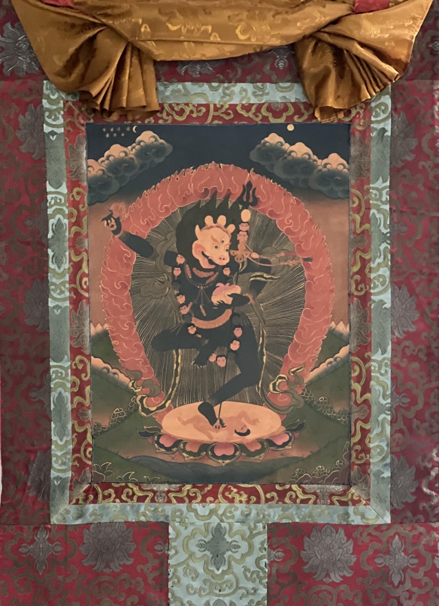 Original Hand Painted Lion Face Dakini / Simhamukhi Jogini / Yogini Tibetan Meditation OLD OIL - VARNISHED Thangka Painting with Silk Brocade - Tibetan Thangka Art