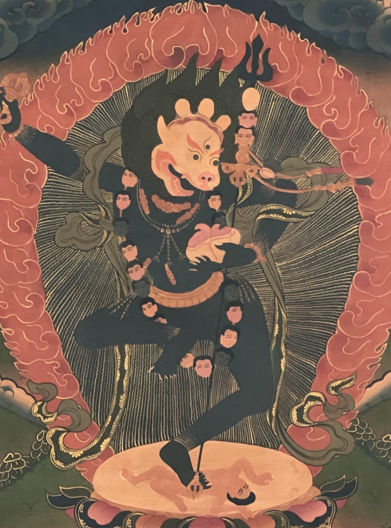Original Hand Painted Lion Face Dakini / Simhamukhi Jogini / Yogini Tibetan Meditation OLD OIL - VARNISHED Thangka Painting with Silk Brocade - Tibetan Thangka Art