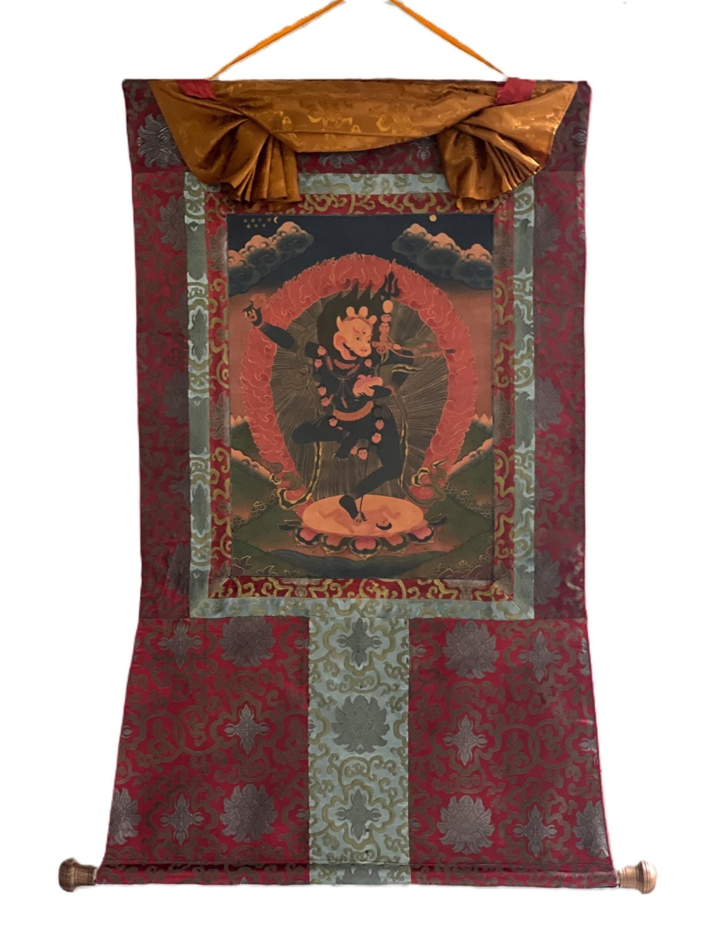 Original Hand Painted Lion Face Dakini / Simhamukhi Jogini / Yogini Tibetan Meditation OLD OIL - VARNISHED Thangka Painting with Silk Brocade - Tibetan Thangka Art