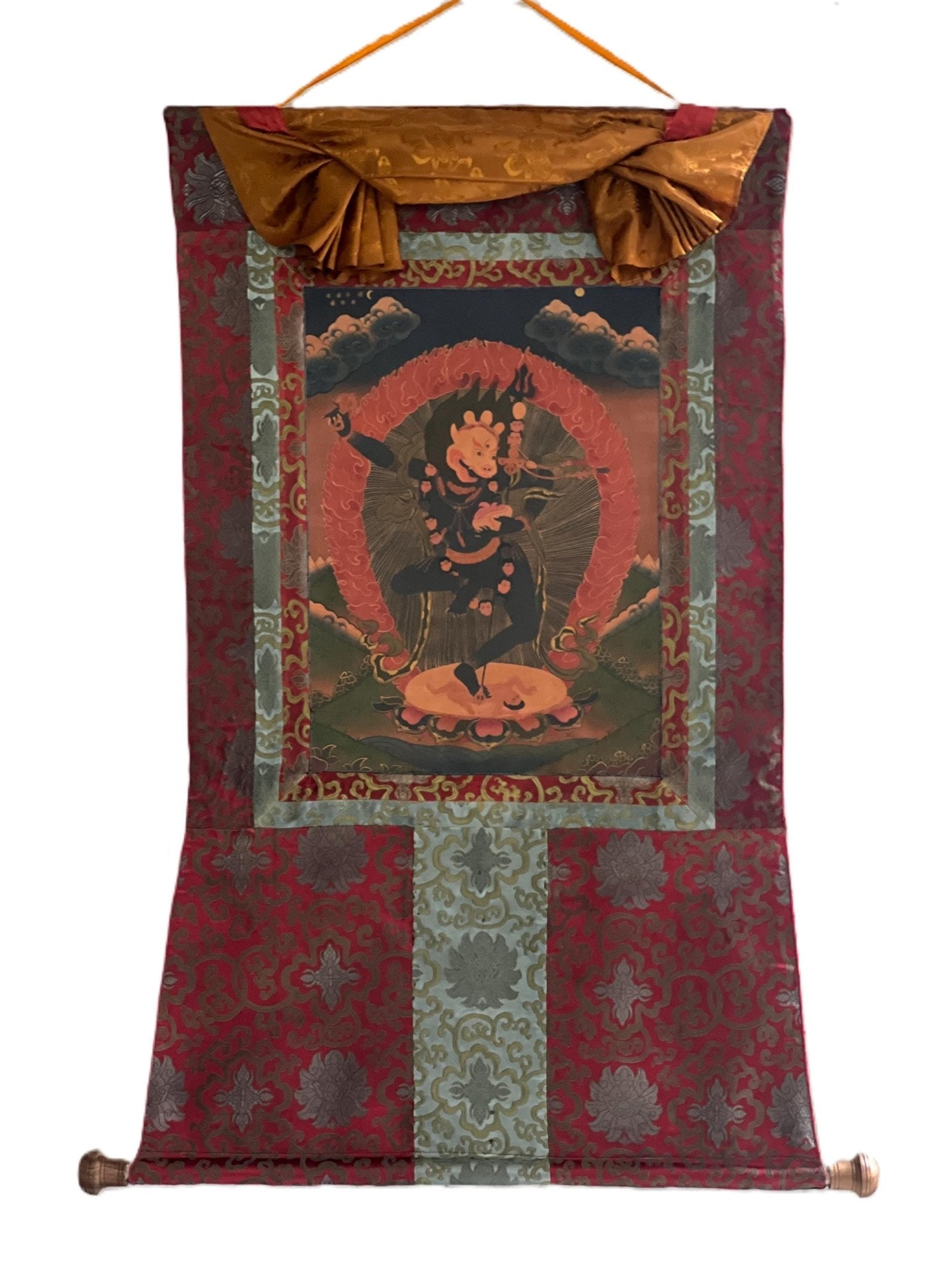 Original Hand Painted Lion Face Dakini / Simhamukhi Jogini / Yogini Tibetan Meditation OLD OIL - VARNISHED Thangka Painting with Silk Brocade - Tibetan Thangka Art