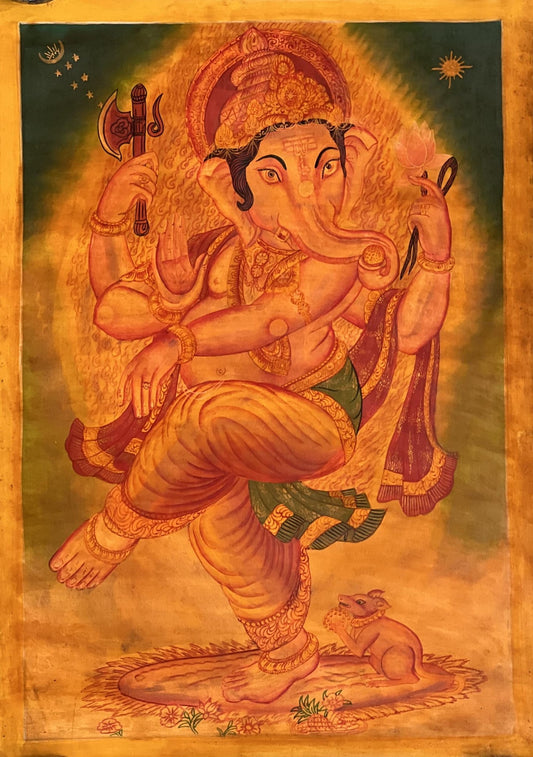 Original Hand - Painted Lord Ganesha/ Ganapati/ Vinayaka/ Vighnaharta Masterpiece Newari Paubha Oil Varnished Thangka Painting - Tibetan Thangka Art