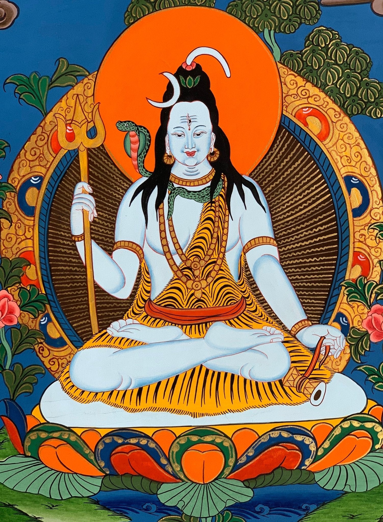 Original Hand - painted Lord Shiva/ Shankar/ Mahadeva/ God of Creation and Destruction/ Thangka Painting/ Hindu Art with Premium Silk Brocade - Tibetan Thangka Art