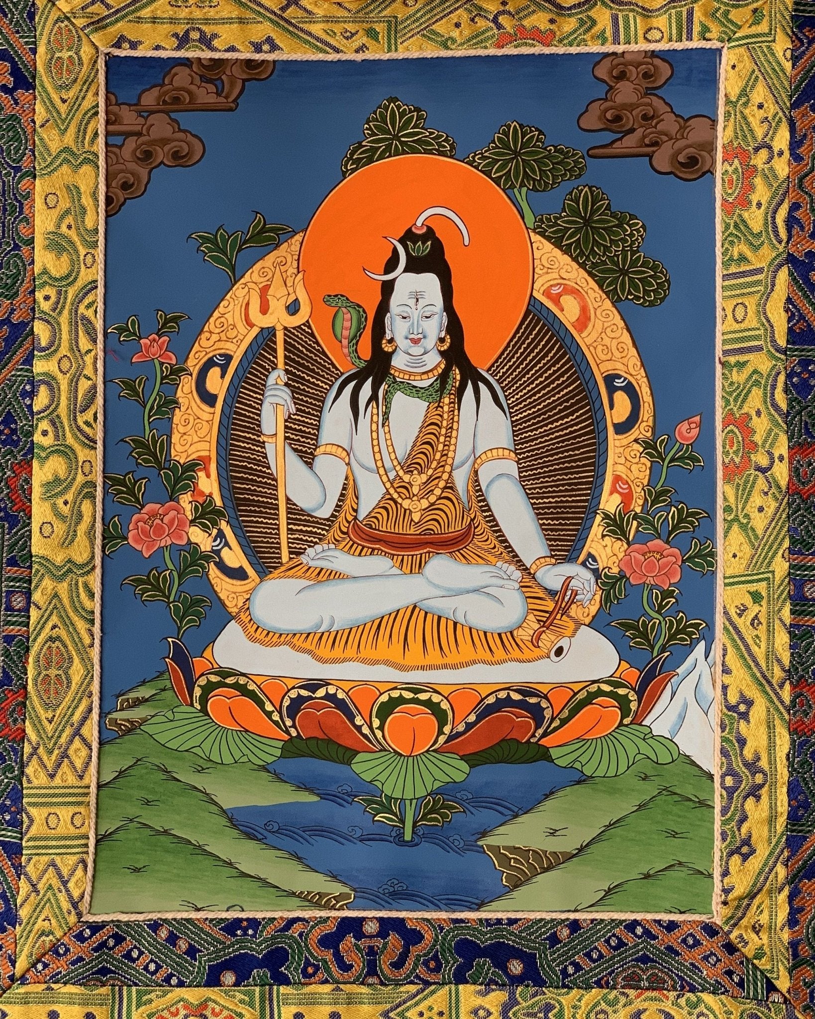 Original Hand - painted Lord Shiva/ Shankar/ Mahadeva/ God of Creation and Destruction/ Thangka Painting/ Hindu Art with Premium Silk Brocade - Tibetan Thangka Art