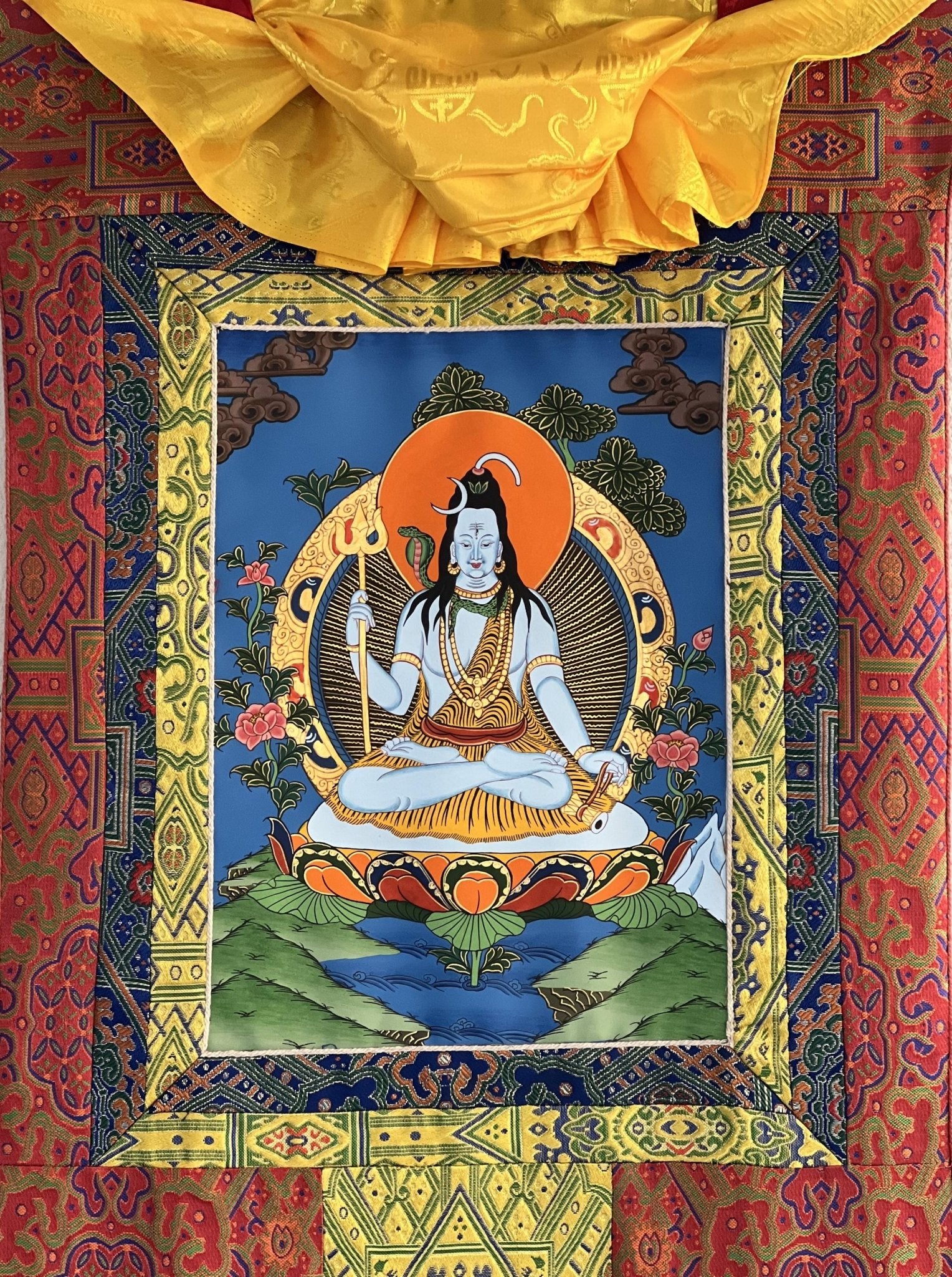 Original Hand - painted Lord Shiva/ Shankar/ Mahadeva/ God of Creation and Destruction/ Thangka Painting/ Hindu Art with Premium Silk Brocade - Tibetan Thangka Art