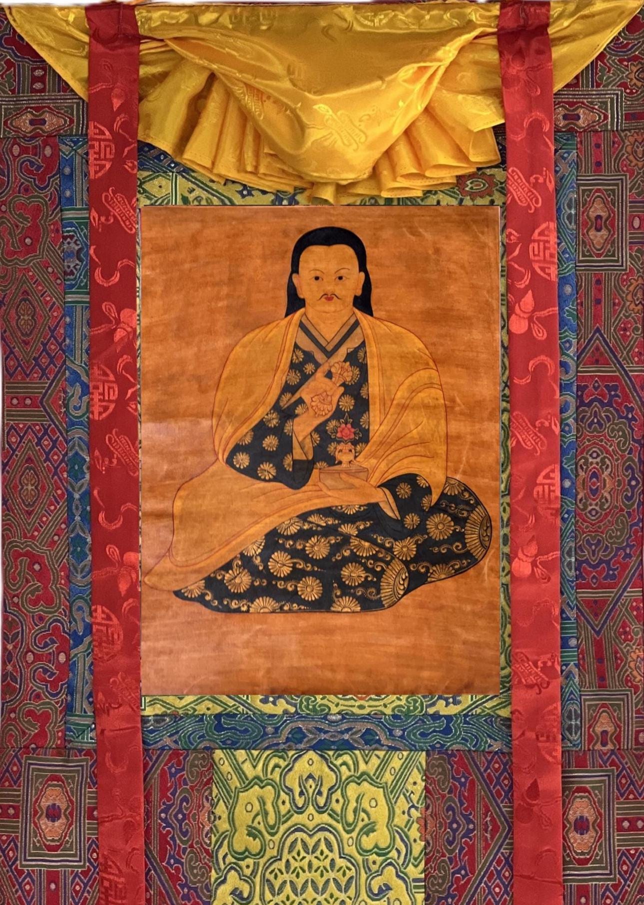 Original Hand - Painted Mahaguruji Mei Ling /Guru Rinpoche Masterpiece Old Oil Varnished Tibetan Thangka / Thanka Painting with Silk Brocade - Tibetan Thangka Art