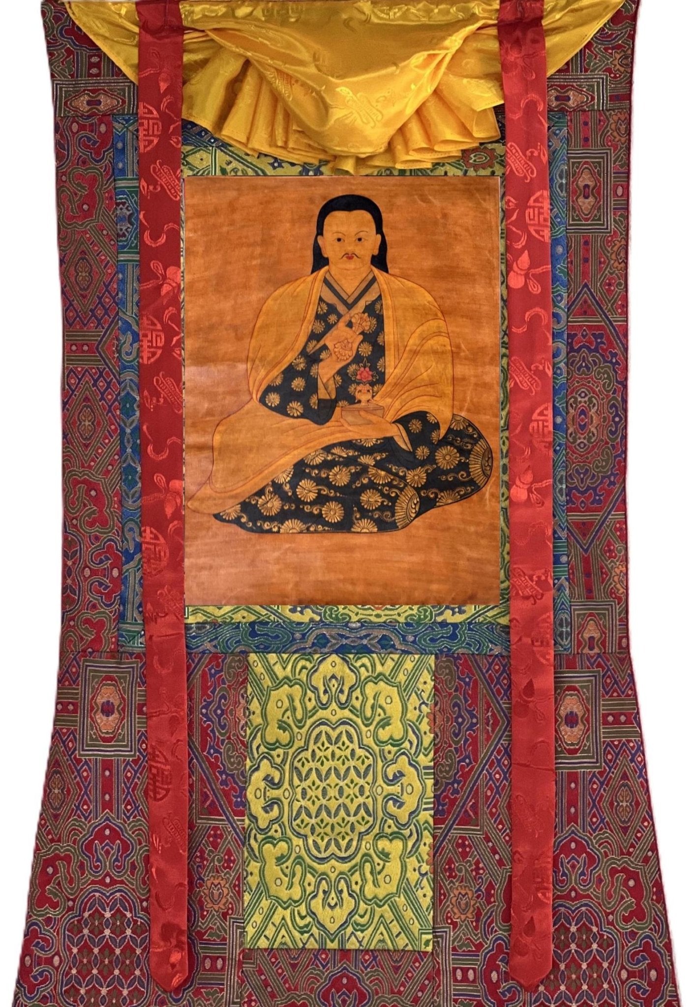 Original Hand - Painted Mahaguruji Mei Ling /Guru Rinpoche Masterpiece Old Oil Varnished Tibetan Thangka / Thanka Painting with Silk Brocade - Tibetan Thangka Art