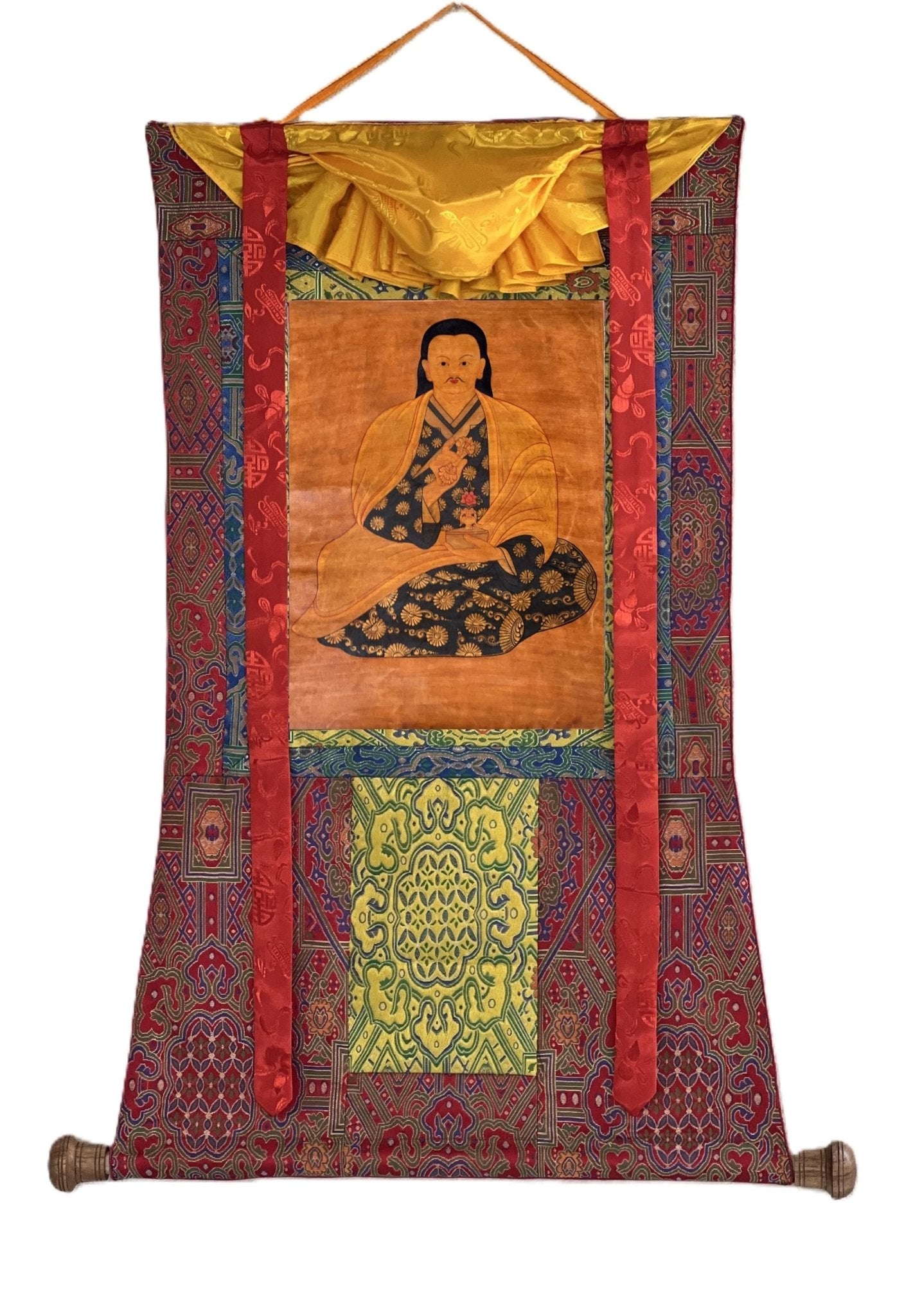 Original Hand - Painted Mahaguruji Mei Ling /Guru Rinpoche Masterpiece Old Oil Varnished Tibetan Thangka / Thanka Painting with Silk Brocade - Tibetan Thangka Art