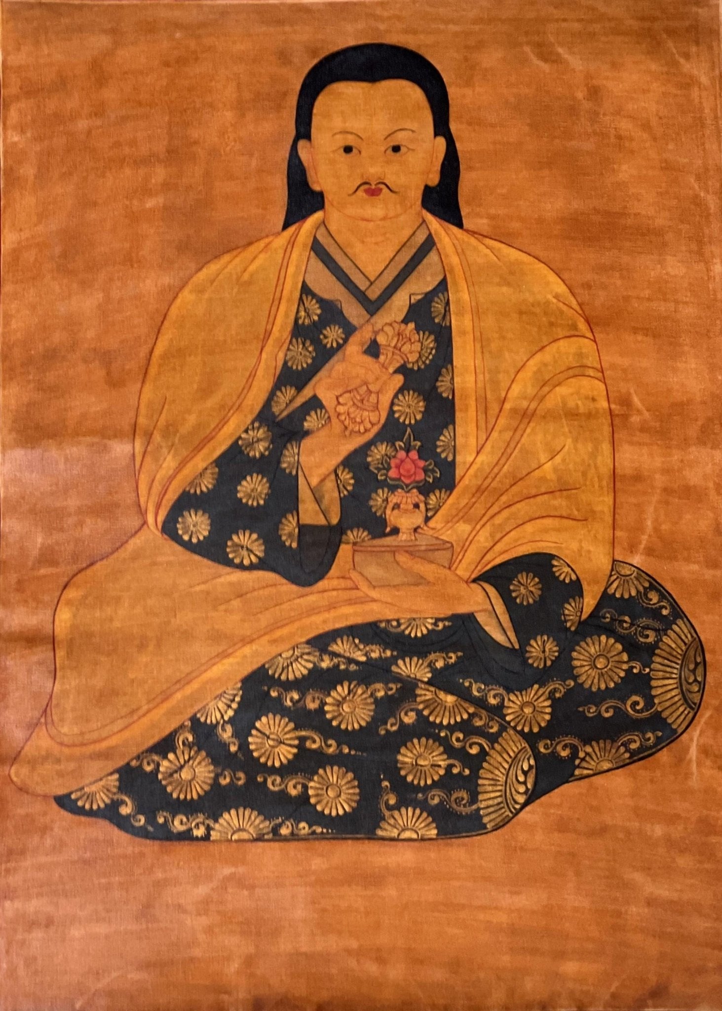Original Hand - Painted Mahaguruji Mei Ling /Guru Rinpoche Masterpiece Old Oil Varnished Tibetan Thangka / Thanka Painting with Silk Brocade - Tibetan Thangka Art