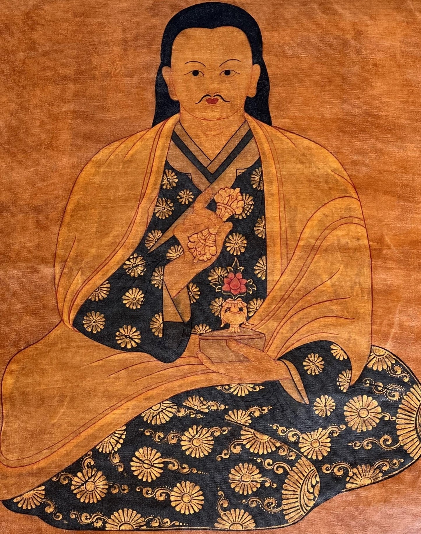 Original Hand - Painted Mahaguruji Mei Ling /Guru Rinpoche Masterpiece Old Oil Varnished Tibetan Thangka / Thanka Painting with Silk Brocade - Tibetan Thangka Art