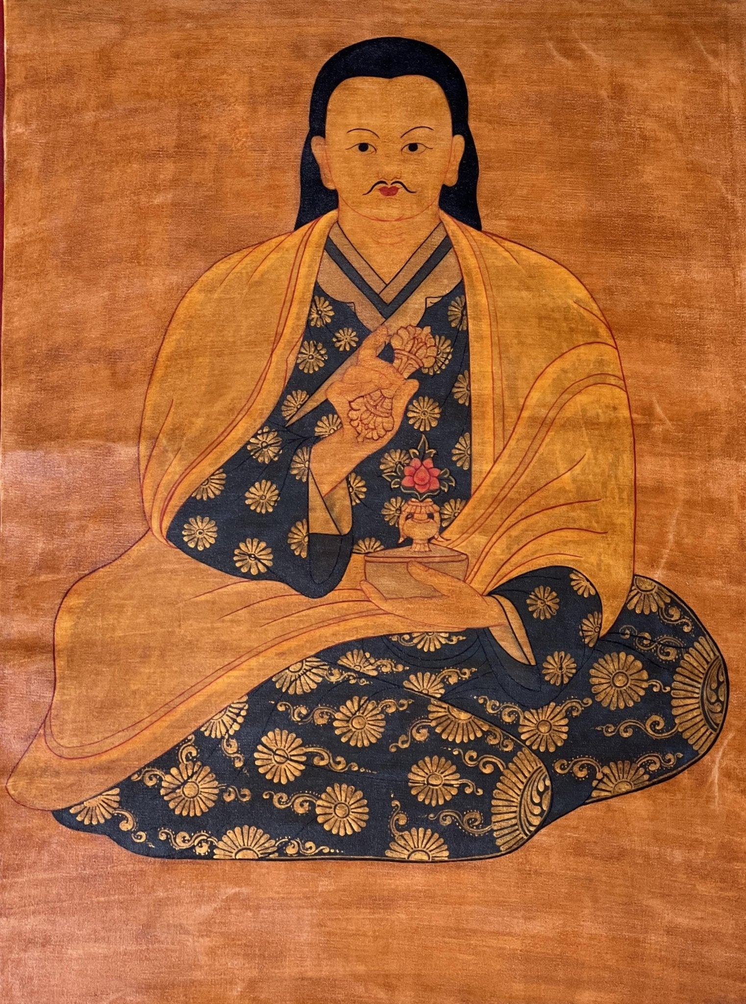 Original Hand - Painted Mahaguruji Mei Ling /Guru Rinpoche Masterpiece Old Oil Varnished Tibetan Thangka / Thanka Painting with Silk Brocade - Tibetan Thangka Art