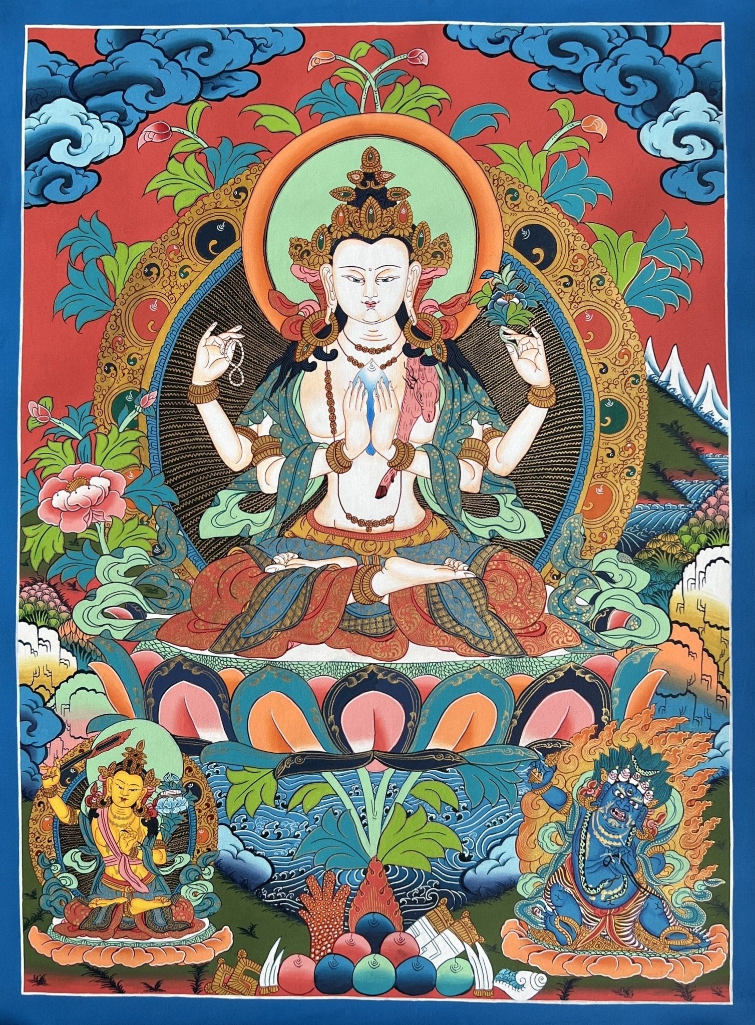 Original Hand Painted Masterpiece Avalokiteshvara/Chenrezig / Compassion Buddha Tibetan Meditation Wall Hanging Thangka / Thanka Painting - Tibetan Thangka Art