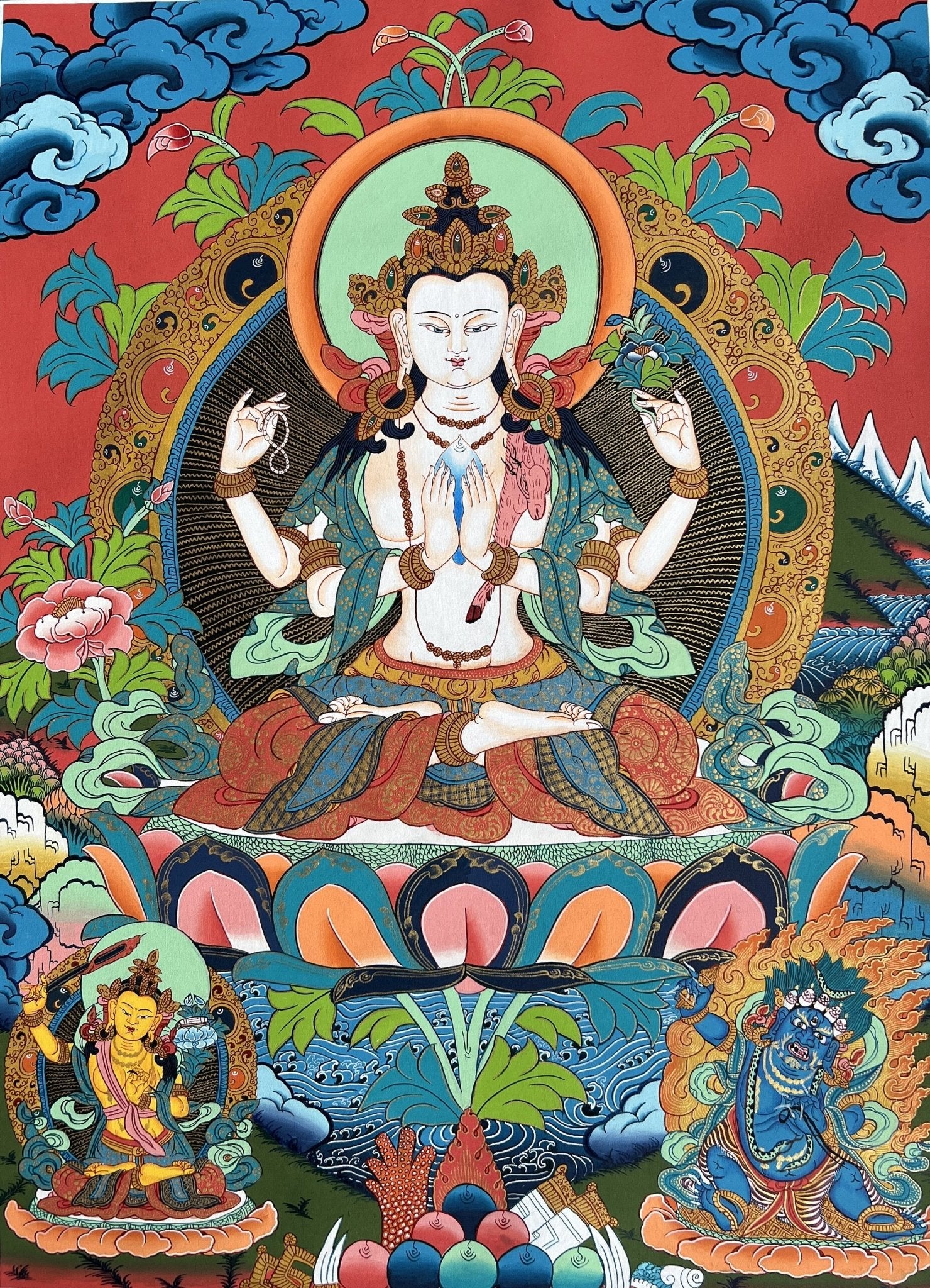 Original Hand Painted Masterpiece Avalokiteshvara/Chenrezig / Compassion Buddha Tibetan Meditation Wall Hanging Thangka / Thanka Painting - Tibetan Thangka Art