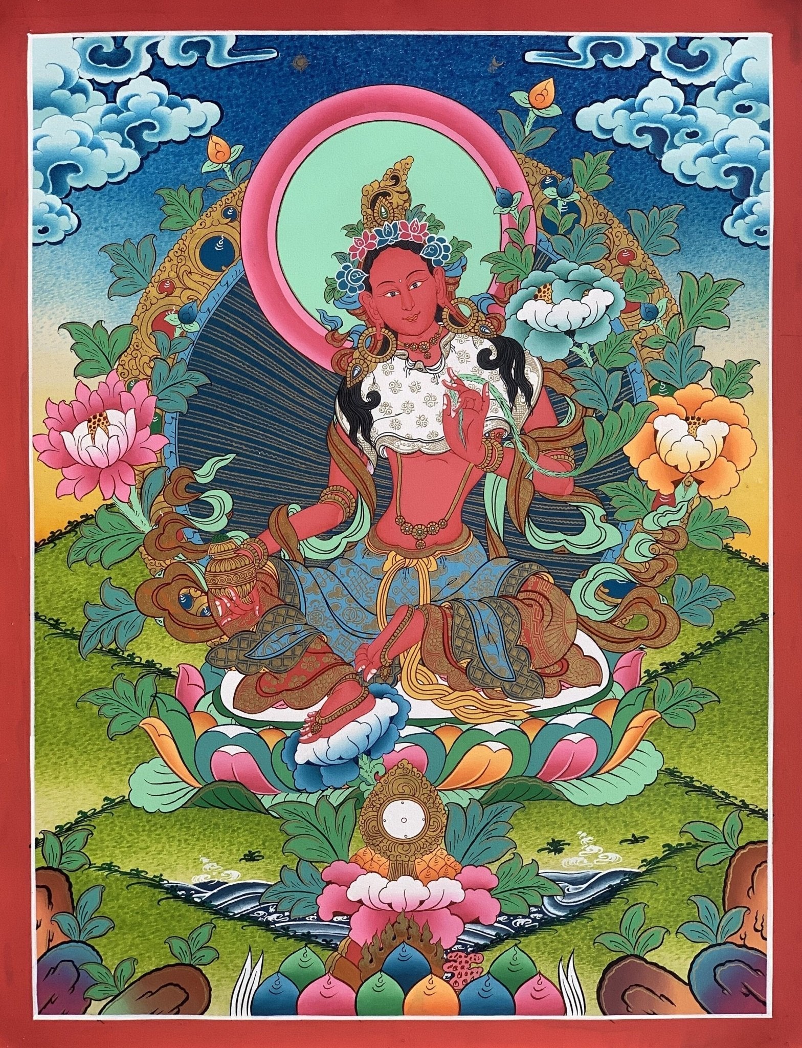 Original Hand - painted Masterpiece Red Tara Divine Mother Female Buddha Protector Tibetan Meditation Thangka Painting - Tibetan Thangka Art