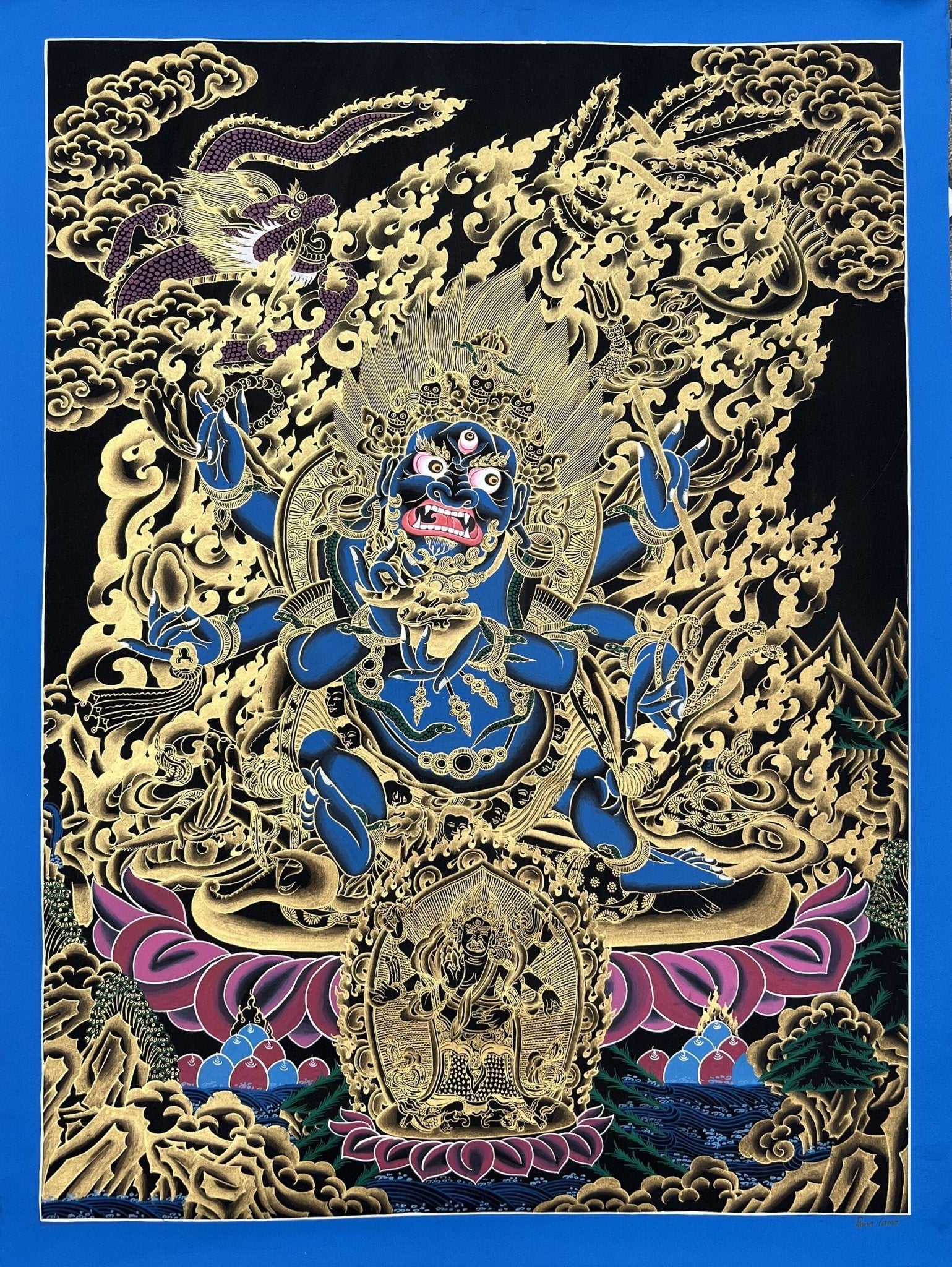 Original Hand Painted Masterpiece Six Armed Mahakala / Protector / Black - Cloaked Mahakala Tibetan Compassion Thangka / Thanka Painting - Tibetan Thangka Art