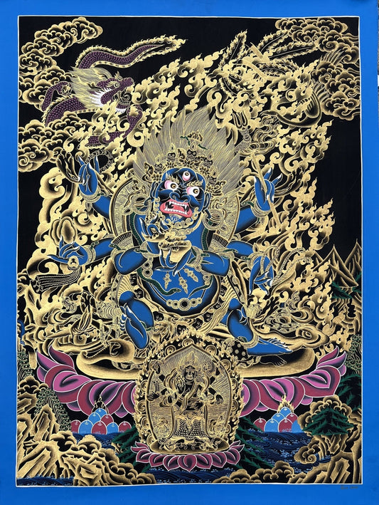 Original Hand Painted Masterpiece Six Armed Mahakala / Protector / Black - Cloaked Mahakala Tibetan Compassion Thangka / Thanka Painting - Tibetan Thangka Art
