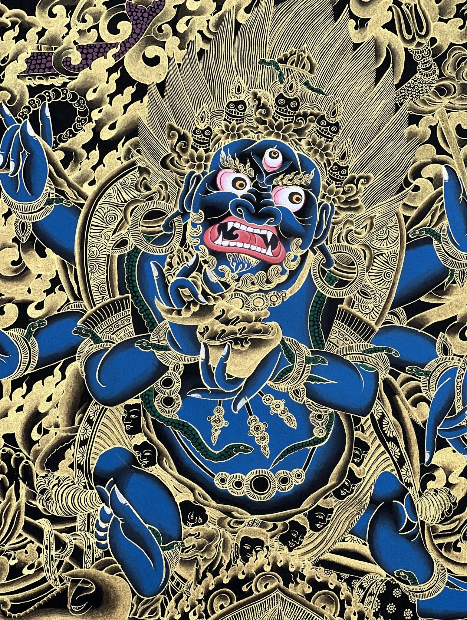 Original Hand Painted Masterpiece Six Armed Mahakala / Protector / Black - Cloaked Mahakala Tibetan Compassion Thangka / Thanka Painting - Tibetan Thangka Art