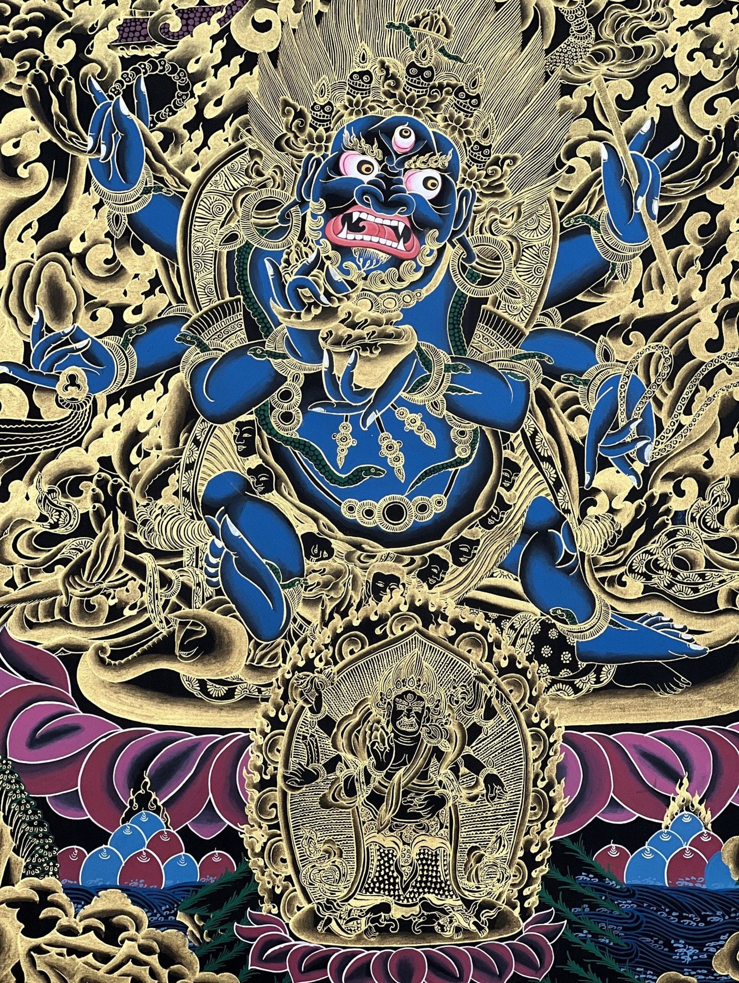 Original Hand Painted Masterpiece Six Armed Mahakala / Protector / Black - Cloaked Mahakala Tibetan Compassion Thangka / Thanka Painting - Tibetan Thangka Art