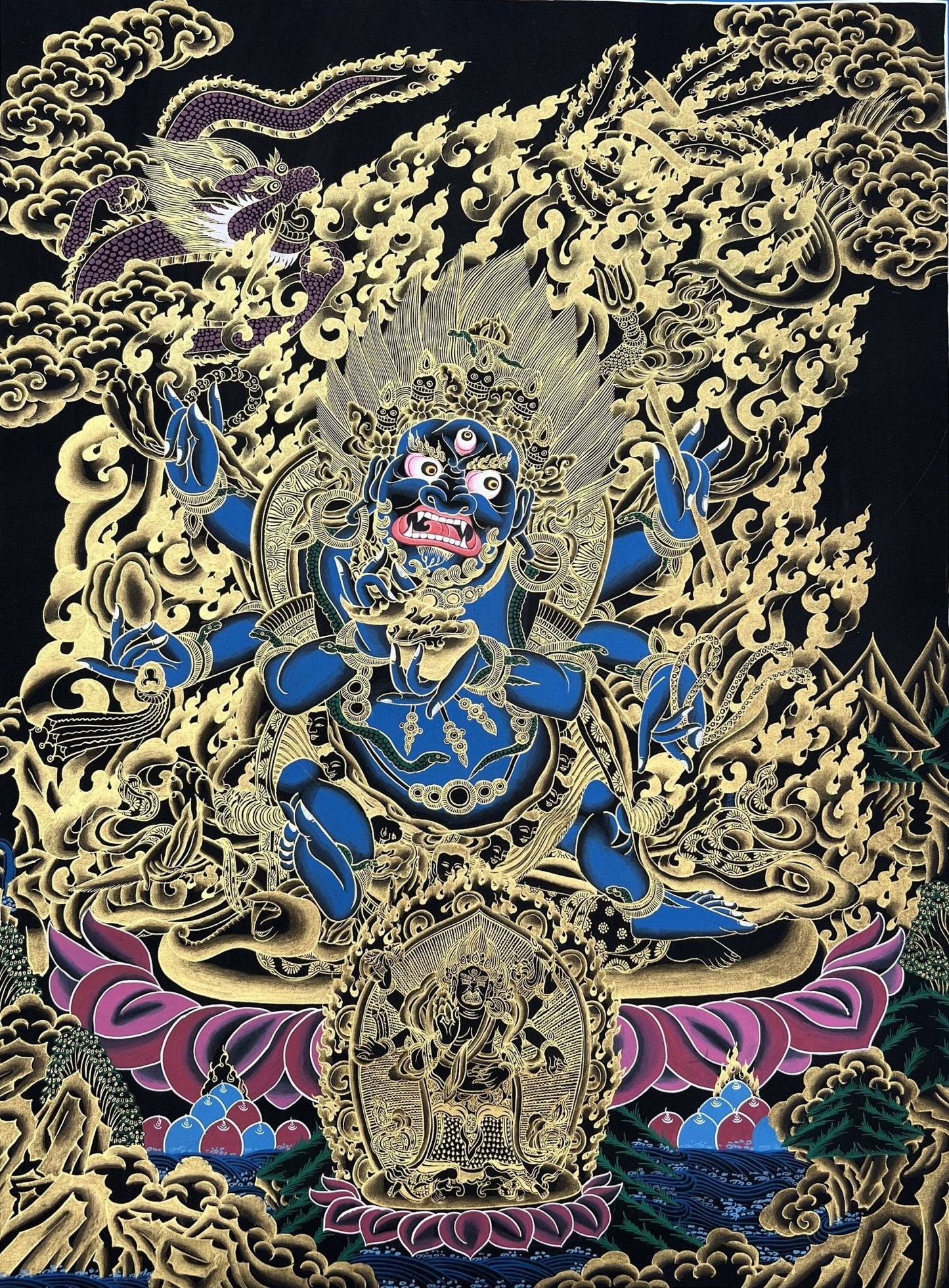 Original Hand Painted Masterpiece Six Armed Mahakala / Protector / Black - Cloaked Mahakala Tibetan Compassion Thangka / Thanka Painting - Tibetan Thangka Art