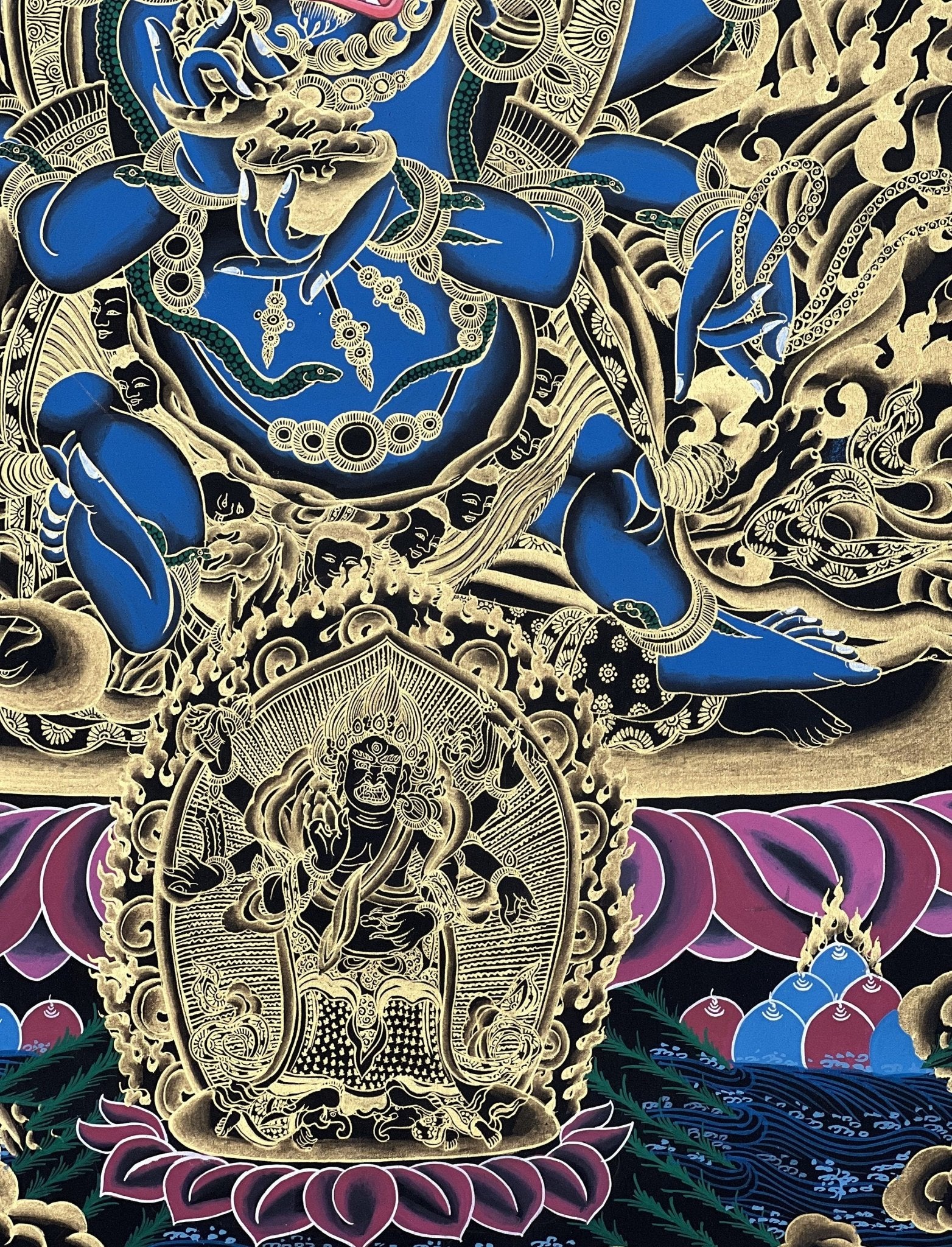 Original Hand Painted Masterpiece Six Armed Mahakala / Protector / Black - Cloaked Mahakala Tibetan Compassion Thangka / Thanka Painting - Tibetan Thangka Art