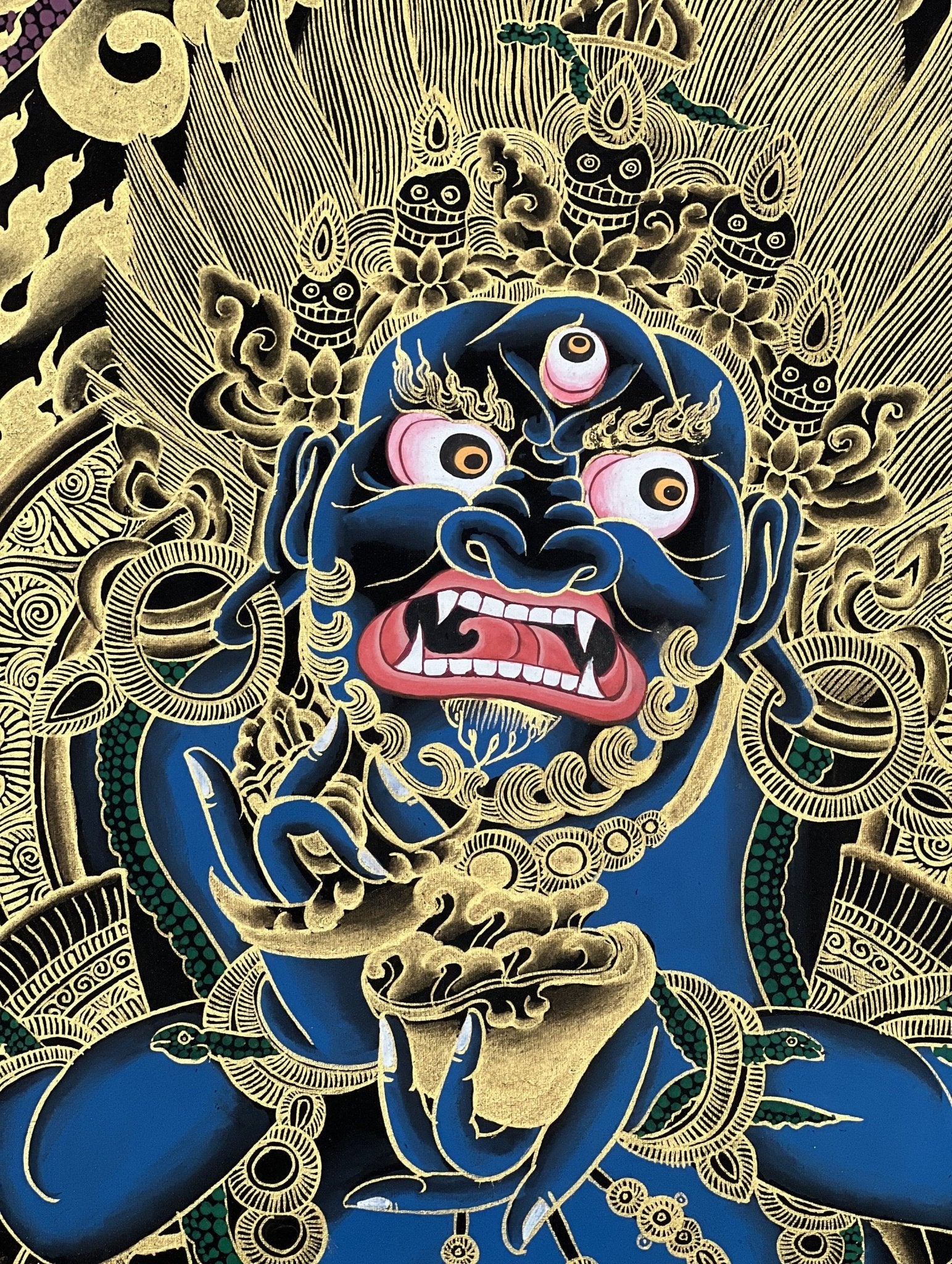 Original Hand Painted Masterpiece Six Armed Mahakala / Protector / Black - Cloaked Mahakala Tibetan Compassion Thangka / Thanka Painting - Tibetan Thangka Art
