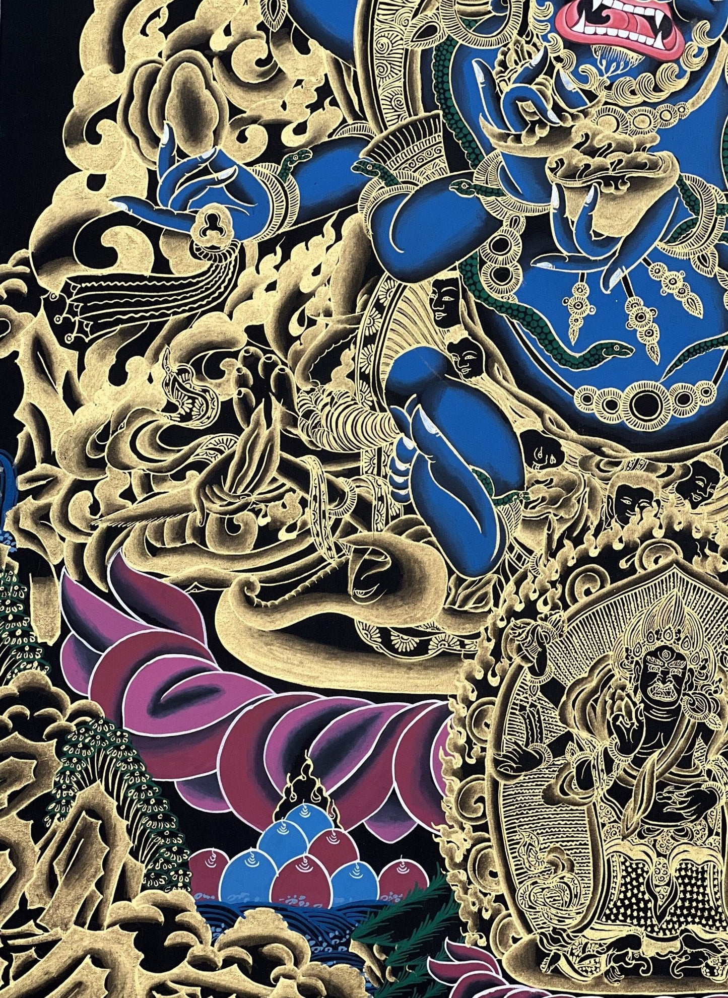 Original Hand Painted Masterpiece Six Armed Mahakala / Protector / Black - Cloaked Mahakala Tibetan Compassion Thangka / Thanka Painting - Tibetan Thangka Art