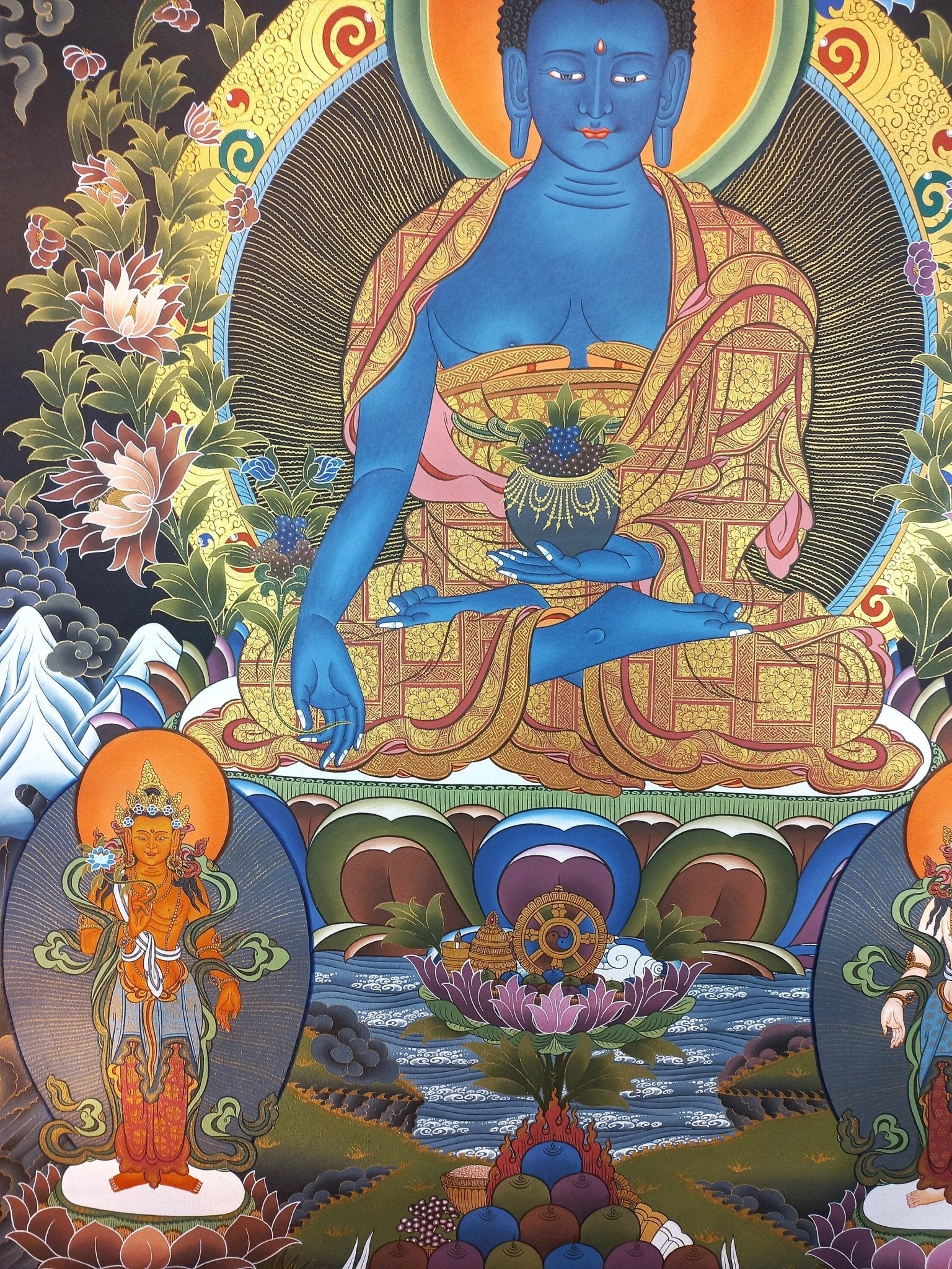 Original Hand - Painted Medicine Buddha / Bhaisajyaguru 24 K Gold Masterpiece Large Tibetan Mediation Thangka Painting/ Thanka Art - Tibetan Thangka Art